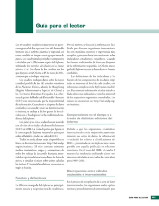 Guía para el lector


Los 10 cuadros estadísticos muestran un pano-          Por tal motivo, se basa en la información faci-
rama general de los aspectos clave del desarrollo      litada por diversos organismos internaciona-
humano en el ámbito nacional y regional, así           les con mandato, recursos y experiencia para
como también de importantes agrupaciones de            recopilar y procesar datos internacionales sobre
países. Los cuadros incluyen índices compuestos        indicadores estadísticos específicos. Cuando
calculados por la Oficina encargada del Informe,       las fuentes tradicionales de datos no disponen
utilizando los métodos detallados en las Notas         de la información requerida, la Oficina encar-
técnicas 1–4. Los datos de los cuadros son los         gada del Informe recurre a datos de otras fuentes
que disponía esta Oficina al 15 de mayo de 2011,       confiables.
a menos que se indique otra cosa.                           Las definiciones de los indicadores y las
     Los cuadros incluyen datos sobre la mayor         fuentes de los componentes de los datos origi-
cantidad posible de los 192 estados miembros           nales se muestran al final de cada cuadro, con
de las Naciones Unidas, además de Hong Kong            referencias completas en la Referencias estadísti-
(Región Administrativa Especial de China) y            cas. Para conocer información técnica más deta-
los Territorios Palestinos Ocupados. La cober-         llada sobre estos indicadores, visite los sitios web
tura de países del Índice de Desarrollo Humano         de los respectivos organismos consultados. Los
(IDH) está determinada por la disponibilidad           enlaces se encuentran en: http://hdr.undp.org/
de información. Cuando no se dispone de datos          en/statistics.
confiables o cuando la validez de la información
es incierta, se excluye a dichos países de los cál-
culos con el fin de preservar la credibilidad esta-    Comparaciones en el tiempo y a
dística del Informe.                                   través de distintas ediciones del
     Los países y las zonas se clasifican de acuerdo   Informe
con el valor de su índice de desarrollo humano
(IDH) de 2011. La Guía de países que figura en         Debido a que los organismos estadísticos
la contratapa del Informe muestra los países por       internacionales están mejorando permanen-
orden alfabético e indica su valor de IDH.             temente sus series de datos, la información
     Todos los indicadores están disponibles en        —incluido los valores y clasificaciones del
línea, en diversos formatos en: http://hdr.undp.       IDH— presentada en este Informe no es com-
org/en/statistics. El sitio contiene asimismo          parable con aquella publicada en ediciones
medios interactivos, mapas y animaciones de            anteriores. En el caso del IDH, el cuadro 2
todos los índices de desarrollo humano, mate-          muestra las tendencias utilizando datos con-
rial descriptivo adicional como hojas de datos de      sistentes calculados a intervalos de cinco años,
países, y detalles técnicos sobre cómo calcular        para 1980–2011.
los índices. El material también se encuentra en
inglés y francés.
                                                       Discrepancias entre cálculos
                                                       nacionales e internacionales
Fuentes y definiciones
                                                       En el proceso de recopilación de la serie de datos
La Oficina encargada del Informe es principal-         internacionales, los organismos suelen aplicar
mente usuaria y no productora de estadísticas.         normas y procedimientos de armonización para


                                                                                                              GUÍA pARA EL LECTOR   141
 