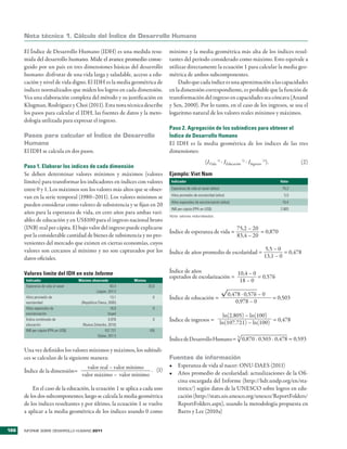 Nota técnica 1. cálculo del Índice de Desarrollo Humano

      El Índice de Desarrollo Humano (IDH) es una medida resu�                   mínimo y la media geométrica más alta de los índices resul�
      mida del desarrollo humano� �ide el a�ance �romedio conse�
                              mano�                                              tantes del �eríodo considerado como máximo� Esto equi�ale a
      guido �or un �aís en tres dimensiones básicas del desarrollo               utilizar directamente la ecuación 1 �ara calcular la media geo�
      humano: disfrutar de una �ida larga y saludable, acceso a edu�             métrica de ambos subcom�onentes�
      cación y ni�el de �ida digno� El IDH es la media geométrica de                 Dado que cada índice es una a�roximación a las ca�acidades
      índices normalizados que miden los logros en cada dimensión�               en la dimensión corres�ondiente, es �robable que la función de
      Vea una elaboración com�leta del método y su justificación en              transformación del ingreso en ca�acidades sea cónca�a (Anand
      Klugman, Rodriguez y Choi (2011)� Esta nota técnica describe               y Sen, 2000)� Por lo tanto, en el caso de los ingresos, se usa el
      los �asos �ara calcular el IDH, las fuentes de datos y la meto�            logaritmo natural de los �alores reales mínimos y máximos�
      dología utilizada �ara ex�resar el ingreso�
                                                                                 Paso 2. Agregación de los subíndices para obtener el
      Pasos para calcular el Índice de Desarrollo                                Índice de Desarrollo Humano
      Humano                                                                     El IDH es la media geométrica de los índices de las tres
      El IDH se calcula en dos �asos�                                            dimensiones:
                                                                                                         (IVida 1/3 � IEducación 1/3 � IIngresos 1/3)�              (2)
      Paso 1. Elaborar los índices de cada dimensión
      Se deben determinar �alores mínimos y máximos (�alores                     Ejemplo: Viet Nam
      límites) �ara transformar los indicadores en índices con �alores            Indicador                                                                 Valor

      entre 0 y 1� Los máximos son los �alores más altos que se obser�            Esperanza de vida al nacer (años)                                          75,2
                                                                                  Años promedio de escolaridad (años)                                         5,5
      �an en la serie tem�oral (1980–2011)� Los �alores mínimos se
                                                                                  Años esperados de escolarización (años)                                    10,4
      �ueden considerar como �alores de subsistencia y se fijan en 20
                                                                                  INB per cápita (PPA en US$)                                               2.805
      años �ara la es�eranza de �ida, en cero años �ara ambas �ari�
                                                                                 Nota: valores redondeados.
      ables de educación y en US$100 �ara el ingreso nacional bruto
      (INB) real �er cá�ita� El bajo �alor del ingreso �uede ex�licarse                                                        75,2 – 20
                                                                                 Índice de es�eranza de �ida =                           = 0,870
      �or la considerable cantidad de bienes de subsistencia y no �ro�                                                         83,4 – 20
      �enientes del mercado que existen en ciertas economías, cuyos
      �alores son cercanos al mínimo y no son ca�turados �or los                                                                                  5,5 – 0
                                                                                 Índice de años �romedio de escolaridad =                                  = 0,478
      datos oficiales�                                                                                                                            13,1 – 0

      Valores límite del IDH en este Informe                                     Índice de años                10,4 – 0
                                                                                 es�erados de escolarización =          = 0,576
      Indicador                     Máximo observado             Mínimo                                         18 – 0
      Esperanza de vida al nacer                          83,4            20,0
                                               (Japón, 2011)
                                                                                                                        0,478 � 0,576 – 0
      Años promedio de                                    13,1              0    Índice de educación =                                                   = 0,503
      escolaridad                    (República Checa, 2005)                                                               0,978 – 0
      Años esperados de                                   18,0              0
      escolarización                                    (tope)
                                                                                                       ln(2�805) – ln(100)
      Índice combinado de                               0,978               0    Índice de ingresos = ln(107�721) – ln(100) = 0,478
      educación                       (Nueva Zelandia, 2010)
      INB per cápita (PPA en US$)                   107.721               100
                                                (Qatar, 2011)
                                                                                 Índice de Desarrollo Humano = 3 0,870 � 0,503 � 0,478 = 0,593
      Una �ez definidos los �alores mínimos y máximos, los subíndi�
      ces se calculan de la siguiente manera:                                    Fuentes de información
                                        �alor real – �alor mínimo � (1)          •	 Es�eranza de �ida al nacer: ONU�DAES (2011)
      Índice de la dimensión=                                                    •	 Años �romedio de escolaridad: actualizaciones de la Ofi�
                                     �alor máximo – �alor mínimo
                                                                                    cina encargada del Informe (htt�://hdr�und��org/en/sta�
          En el caso de la educación, la ecuación 1 se a�lica a cada uno            tistics/) según datos de la UNESCO sobre logros en edu�
      de los dos subcom�onentes; luego se calcula la media geométrica               cación (htt�://stats�uis�unesco�org/unesco/Re�ortFolders/
      de los índices resultantes y �or último, la ecuación 1 se �uel�e              Re�ortFolders�as�x), usando la metodología �ro�uesta en
      a a�licar a la media geométrica de los índices usando 0 como                  Barro y Lee (2010a)


186   INFORME SOBRE DESARROLLO HUMANO 2011
 