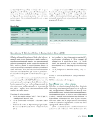 del trayecto (path independent); es decir, el orden en que se                              La �rinci�al des�entaja del IDH�D es su insensibilidad a
agregan los datos de indi�iduos, gru�os de indi�iduos y dimen�                         la asociación, es decir, que no ca�tura las desigualdades simul�
siones arroja el mismo resultado, de modo que no es necesa�                            táneas� Para que la medida sea sensible a este as�ecto, la totali�
rio de�ender de una secuencia �articular o una sola fuente                             dad de los datos de cada indi�iduo debe �ro�enir de una única
de información� Esto �ermite realizar cálculos �ara un gran                            encuesta, lo que actualmente es im�osible cuando se trata de un
número de �aíses�                                                                      gru�o grande de �aíses�


Ejemplo: Perú
                                            Medida de la      Índice Ajustado                                                                IDH ajustado por la            Pérdida
                                Índice de   desigualdad            por la                                            IDH                        Desigualdad                   %
                      Indicador dimensión       (A1)            Desigualdad
Esperanza de vida       74,0      0,852        0,148       (1–0,148) ∙ 0,852 = 0,728    IDH de
Años promedio de         8,7      0,662                                                 ingreso
                                                                                        sin trans-
                                                                                                      3
                                                                                                          0,852 . 0,704 . 0,077 = 0,359 3 0,728 . 0,535 . 0,054 = 0,275 1 – 0,275 / 0,359
escolaridad                                                                                                                                                                  = 0,232
                                                                                        formación
                                                                                        logarítmica
Años esperados de       12,9      0,717
escolarización
Índice de educación               0,704        0,240       (1–0,240) ∙ 0,704 = 0,535    IDH
                                                                                                      3
                                                                                                          0,852 . 0,704 . 0,634 = 0,725 (0,275 / 0,359) . 0,725 = 0,557

Logaritmo del INB       9,03      0,634                                                Nota: valores redondeados.
INB                    8.389      0,077        0,300       (1–0,300) ∙ 0,077 = 0,054




Nota técnica 3. cálculo del Índice de Desigualdad de Género (iDG)

El Índice de Desigualdad de Género (IDG) refleja la des�en�                            •	 Ni�eles de logro en educación secundaria y su�erior (SE):
taja de la mujer en tres dimensiones —salud re�roducti�a,                                 actualizaciones realizadas �or la Oficina encargada del
em�oderamiento y mercado laboral— �ara la mayor cantidad                                  Informe (2011) de los cálculos de Barro y Lee (2010b)
�osible de �aíses según lo �ermita la calidad de los datos� El                            sobre la base de datos de logros en educación del Instituto
índice muestra la �érdida en desarrollo humano debido a la                                de Estadística de la UNESCO (htt�://stats�uis�unesco�org/
desigualdad com�arando los logros de mujeres y hombres en                                 unesco/)
dichas dimensiones� Varía entre cero, cuando a las mujeres les                         •	 Tasa de �artici�ación en el mercado laboral (LFPR): OIT
�a tan bien como a los hombres, y 1, cuando un género mues�                               (2011)
tra el �eor desem�eño �osible en todas las dimensiones que se
miden�                                                                                 cómo se calcula el Índice de Desigualdad de
    Se calcula usando la medida de desigualdad sensible a las                          Género
asociaciones sugerida �or Seth (2009)� El índice se basa en la                         El IDG se calcula a tra�és de cinco �asos�
media general de las medias generales de diferentes órdenes:
la �rimera agregación se hace con la media geométrica de las                           Paso 1. Manejar ceros y valores extremos
dimensiones; estas medias, calculadas en forma se�arada                                Debe fijarse un �alor mínimo �ara los indicadores de todas las
�ara mujeres y hombres, luego se agregan usando una media                              dimensiones, �uesto que una media geométrica no �uede tener
armónica �ara ambos géneros�                                                           �alor cero� Este mínimo se fija en 0,1% �ara la tasa de fecun�
                                                                                       didad de adolescentes, la �ro�orción de escaños �arlamenta�
Fuentes de información                                                                 rios ocu�ados �or mujeres, los logros en educación secundaria
•	 Tasa de mortalidad materna (MMR): O�S, UNICEF,                                      y su�erior y la tasa de �artici�ación en el mercado laboral� La
   UNFPA y Banco �undial (2010)                                                        re�resentación �arlamentaria de la mujer en �aíses que infor�
•	 Tasa de fecundidad de adolescentes (AFR): ONU�DAES                                  man cero se codifica en 0,1%, �orque incluso en aquellos �aíses
   (2011)                                                                              donde no hay mujeres en el �arlamento nacional, estas tienen
•	 Pro�orción de escaños en el �arlamento �or género (PR):                             algún grado de influencia �olítica�
   Base de datos Parline de la Unión Inter�arlamentaria                                    Debido a que mientras mayor es la mortalidad materna �eor
   (2011)                                                                              es el cuidado de la salud en este ámbito, el �alor máximo de la



                                                                                                                                                                      Notas técNicas        189
 