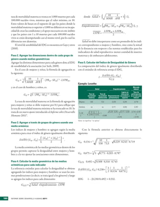 10 � 1
      tasa de mortalidad materna se trunca en 1�000 muertes �or cada              donde Salud =                               + 1 /2,
                                                                                                                      MMR AFR
      100�000 nacidos �i�os, mientras que el �alor mínimo, en 10�
      Estos �alores de basan en el su�uesto de que los �aíses donde la
      mortalidad materna es su�erior a 1�000 no difieren en su inca�a�
                                                                               Empoderamiento =                 ( PR      M
                                                                                                                              � SEM + PRH � SEH /2, y      )
      cidad de crear las condiciones y el a�oyo necesario en este ámbito                                             LFPRM + LFPRM
      y que los �aíses con 1 a 10 muertes �or cada 100�000 nacidos                                LFPR =                           �
                                                                                                                           2
      �i�os se están desem�eñando casi al mismo ni�el, �or lo cual las
      diferencias son aleatorias�                                              Salud no debe inter�retarse como un �romedio de los índi�
          El ni�el de sensibilidad del IDG se encuentra en Gaye y otros    ces corres�ondientes a mujeres y hombres, sino como la mitad
      (2010)�                                                              de la distancia con res�ecto a las normas establecidas �ara los
                                                                           indicadores de salud re�roducti�a: menor cantidad de muertes
      Paso 2. Agregar las dimensiones dentro de cada grupo de              maternas y de embarazos adolescentes�
      género usando medias geométricas
      Agregar las distintas dimensiones �ara cada género dota al IDG       Paso 5. Calcular del Índice de Desigualdad de Género
      de sensibilidad a la asociación (�er Seth, 2009)�                    La com�aración del índice de género igualmente distribuido
           En el caso de mujeres y niñas, la fórmula de agregación es      con el estándar de referencia arroja el IDG,
      la siguiente:
                                                                                                                DAÑO (GF , GM )
                                                                                                         1–                     �
                        10 � 1         1/2
                                             � (PRM � SEM) 1/2 � LFPRM ,                                             ––
                                                                                                                   GF, M
          GM =   3
                       MMR AFR
                                                                           Ejemplo: Lesotho
      y en el caso de hombres y niños, es:                                                                                                                     Mercado
                                                                                                      Salud                     Empoderamiento                 laboral
                                                                                                                                    Logros en      Tasa de
                     GH = 3 1 � (PRH � SEH) 1/2 � LFPRH �                                Tasa de
                                                                                        mortalidad
                                                                                                           Tasa de                  educación participación
                                                                                                         fecundidad Representación secundaria y en el mercado
                                                                                         materna         adolescente parlamentaria   superior      laboral

           La tasa de mortalidad materna en la fórmula de agregación        Mujeres        530                73,5             0,229          0,243             0,719
      �ara mujeres y niñas se debe reajustar �or 0,1 �ara reflejar que
                                                                            Hombres         na                  na             0,771          0,203             0,787
      la tasa de mortalidad materna mínima se ha truncado en 10� Se
      trata de un nue�o ajuste introducido al Informe sobre Desarrollo                                                     0,229 . 0,243 + 0,771 . 0,203

      Humano 20113�
                                                                            F+M
                                                                             2
                                                                                          ( )( )
                                                                                           10
                                                                                           530
                                                                                                       1
                                                                                                      73,5
                                                                                                           +1
                                                                                                                = 0,508
                                                                                                                                          2
                                                                                                                                                           0,719 + 0,787
                                                                                                                                                                 2
                                                                                                  2                                    = 0,316                = 0,743

                                                                           Nota: na significa “no aplica”
                                                                                                        .
      Paso 3. Agregar a través de grupos de género usando una
      media armónica
      Los índices de mujeres y hombres se agregan según la media               Con la fórmula anterior se obtiene directamente lo
      armónica �ara crear el índice de género igualmente distribuido       siguiente:
                                        (GM)–1 + (GH)–1        –1
              DAÑO (GM , GH) =                                      �                                     10 � 1
                                               2                           GM 0,134 = 3                                          0,229 � 0,243 � 0,719
                                                                                                          530 73,5
          La media armónica de las medias geométricas dentro de los
      gru�os �ermite ca�turar la desigualdad entre mujeres y hom�                             3
      bres y a la �ez ajustar las asociaciones entre dimensiones�          GH 0,675 =              1 � 0,771 � 0,203 � 0,787

                                                                                                   3
      Paso 4. Calcular la media geométrica de las medias                   GM,– 0,492 = 0,508 � 0,316 � 0,743
                                                                            –H
      aritméticas para cada indicador
                                                                                                                                                      –1
      La referencia estándar �ara calcular la desigualdad se obtiene                                                      1   1     1
                                                                           DAÑO (GM , GH ) 0,230=                                +
      agregando los índices �ara mujeres y hombres: se usan las mis�                                                      2 0,134 0,675
      mas �onderaciones (es decir, se trata igual a los géneros) y luego
      se agregan los índices �ara cada dimensión:                          IDG         1 – (0,230/0,492) = 0,532�
                          3
                GM,H =        Salud � Empoderamiento � LFPR



190   INFORME SOBRE DESARROLLO HUMANO 2011
 