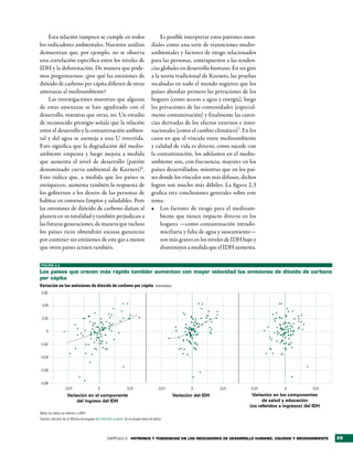 Esta relación tampoco se cumple en todos                                         Es posible interpretar estos patrones mun-
los indicadores ambientales. Nuestros análisis                                   diales como una serie de transiciones medio-
demuestran que, por ejemplo, no se observa                                       ambientales y factores de riesgo relacionados
una correlación específica entre los niveles de                                  para las personas, contrapuestos a las tenden-
IDH y la deforestación. De manera que pode-                                      cias globales en desarrollo humano. En un giro
mos preguntarnos: ¿por qué las emisiones de                                      a la teoría tradicional de Kuznets, las pruebas
dióxido de carbono per cápita difieren de otras                                  recabadas en todo el mundo sugieren que los
amenazas al medioambiente?                                                       países abordan primero las privaciones de los
     Las investigaciones muestran que algunas                                    hogares (como acceso a agua y energía), luego
de estas amenazas se han agudizado con el                                        las privaciones de las comunidades (especial-
desarrollo, mientras que otras, no. Un estudio                                   mente contaminación) y finalmente las caren-
de reconocido prestigio señala que la relación                                   cias derivadas de los efectos externos e inter-
entre el desarrollo y la contaminación ambien-                                   nacionales (como el cambio climático)7. En los
tal y del agua se asemeja a una U invertida.                                     casos en que el vínculo entre medioambiente
Esto significa que la degradación del medio-                                     y calidad de vida es directo, como sucede con
ambiente empeora y luego mejora a medida                                         la contaminación, los adelantos en el medio-
que aumenta el nivel de desarrollo (patrón                                       ambiente son, con frecuencia, mayores en los
denominado curva ambiental de Kuznets)6.                                         países desarrollados; mientras que en los paí-
Esto indica que, a medida que los países se                                      ses donde los vínculos son más difusos, dichos
enriquecen, aumenta también la respuesta de                                      logros son mucho más débiles. La figura 2.3
los gobiernos a los deseos de las personas de                                    grafica tres conclusiones generales sobre este
habitar en entornos limpios y saludables. Pero                                   tema:
las emisiones de dióxido de carbono dañan al                                     •	 Los factores de riesgo para el medioam-
planeta en su totalidad y también perjudican a                                        biente que tienen impacto directo en los
las futuras generaciones, de manera que incluso                                       hogares —como contaminación intrado-
los países ricos obtendrán escasas ganancias                                          miciliaria y falta de agua y saneamiento—
por contener sus emisiones de este gas a menos                                        son más graves en los niveles de IDH bajo y
que otros países actúen también.                                                      disminuyen a medida que el IDH aumenta.

FIGURA 2.2

los países que crecen más rápido también aumentan con mayor velocidad las emisiones de dióxido de carbono
per cápita
Variación en las emisiones de dióxido de carbono per cápita (toneladas)
 0,06


 0,04


 0,02


     0


–0,02


–0,04


–0,06


–0,08
                  –0,01                   0                    0,01                  –0,01           0           0,01         –0,01           0            0,01
                    Variación en el componente                                               Variación del IDH                 Variación en los componentes
                         del ingreso del IDH                                                                                        de salud y educación
                                                                                                                              (no referidos a ingresos) del IDH
Nota: los datos se refieren a 2007.
Fuente: cálculos de la Oficina encargada del Informe a partir de su propia base de datos.




                                                 CAPÍTULO 2 Patrones y tendencias en los indicadores de desarrollo humano, equidad y medioambiente                29
 