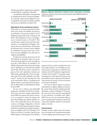 volumen de productos agrícolas que equivale a      FIGURA 2.10

más del 150% de su superficie cultivada63.         algunas regiones deforestan mientras otras reforestan y forestan
     Un problema relacionado es el aumento de      Proporciones y tasas de variación de la cubierta forestal por región, 1990-2010 (millones de
la “apropiación de tierras” por parte de gobier-   kilómetros cuadrados)

nos y grandes empresas que adquieren exten-                                                                                                  Variación de la
                                                                       Superﬁcie forestal, 2010                                 superﬁcie forestal, 1990-2010
sas superficies en los países más pobres y donde
este recurso es abundante (recuadro 2.8).          Estados Árabes          0,88                                                                      –0,07

                                                    Asia Oriental y
Degradación de los ecosistemas marinos                                            4,70                                                                           0,10
                                                        el Pací co
El pescado esa una fuente importante de pro-              Europa y                              9,00                                                            0,06
                                                       Asia Central
teínas para cientos de millones de personas:
                                                   América Latina
en promedio, el consumo per cápita es de 24           y el Caribe                                 9,47                      –0,93
kilogramos de pescado al año en América del
                                                   Asia Meridional         0,93                                                                                 0,02
Norte, 18,5 kilogramos en Asia y 9,2 kilogra-
mos en América Latina y el Caribe 64 . Pero                África
                                                                                   5,85                                             –0,70
                                                     Subsahariana
cuando la pesca supera la tasa natural de rege-
neración y va acompañada de dragado, verti-
                                                      IDH muy alto                                10,10                                                           0,11
miento de otros contaminantes, construcción
de infraestructura y turismo costero, debilita              IDH alto                                                    16,80       –0,71
las condiciones necesarias para tener ecosis-
temas marinos saludables y con ello, pone en             IDH medio                       6,72                                                                   0,03

riesgo la sostenibilidad.
                                                           IDH bajo                      6,58                                     –0,81
    El volumen actual de captura por año, de
145 millones de toneladas, supera con creces
el máximo de producción anual sostenible de        Fuente: cálculos de la Oficina encargada del Informe según datos del Banco Mundial (2011b).

entre 80 y 100 millones de toneladas65. En
2008, la Organización de las Naciones Unidas       pesquera lo hace en Asia, la producción anual
para la Agricultura y la Alimentación (FAO)        de la región equivale a 2,4 toneladas por pes-
calculó que 53% de las reservas conocidas de       cador marino, comparado con volúmenes tan
peces ya han sido explotadas, mientras que         elevados como 23,9 toneladas en regiones desa-
28% ha sido sobreexplotada y 3% ya se ha ago-      rrolladas como Europa67. Las grandes empre-
tado. Solo 15% ha sido explotada con mode-         sas pesqueras no solo capturan más peces, sino
ración66. A pesar de que la producción total       que también recurren a prácticas más dañinas,
no ha comenzado a decaer, el rendimiento de        como técnicas de arrastre y artes con mayores
algunas especies, en particular de las más gran-   tasas de pesca incidental.
des, ha disminuido considerablemente desde              Las tasas de captura siguen en aumento,
los años 1980.                                     especialmente en algunas regiones en desarro-
    En este caso se observa otra disparidad        llo, a pesar de las iniciativas gubernamentales
importante. Alrededor de 10% de las activida-      destinadas a reducir la sobrepesca68. Por ejem-
des de pesca extractiva explican aproximada-       plo, estas tasas se han más que cuadruplicado
mente 90% de la captura total. Esta se encuen-     en Asia Oriental y el Pacífico entre 1980 y
tra en su mayoría en manos de empresas de          2005. Una vez más, este incremento refleja en
países desarrollados que utilizan métodos cos-     parte una producción elevada para exportación
tosos, como sofisticados barcos factoría que       a países desarrollados, donde el consumo per
cuentan con bodegas refrigeradas y redes de        cápita es más alto.
arrastre mecanizadas aptas para pescar en aguas
profundas. La producción anual de las piscicul-    Contaminación
turas en toneladas es de 172 en Noruega, 72 en     Estudios recientes indican que las transicio-
Chile, 6 en China y 2 en India. A pesar de que     nes en los patrones de contaminación pueden
85% de quienes se desempeñan en la industria       ser más complejas que lo descrito por la curva


                              CAPÍTULO 2 Patrones y tendencias en los indicadores de desarrollo humano, equidad y medioambiente                                          43
 