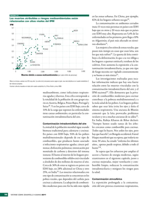 FIGURA 3.5
                                                                                                                                             en las zonas urbanas. En China, por ejemplo,
     las muertes atribuibles a riesgos medioambientales están
     relacionadas con altos niveles del iPm
                                                                                                                                             82% de los hogares urbanos usa gas30.
                                                                                                                                                  La contaminación en ambientes cerrados
     IPM
        0,7
                                                                                                                                             mata 11 veces más personas en países con IDH
                                                                                                              • NÍGER
                                                                                                                                             bajo que en otros y 20 veces más que en países
        0,6
                                                           ETIOPÍA                                                                           con IDH muy alto. Representa un 5,4% de las
                                                                     •              • MALÍ                                                   enfermedades en los primeros, pero llega a 10%
                         MOZAMBIQUE                                       •           • • SOMALIA
        0,5                                  •    • •
                                                                     LIBERIA•                                   ANGOLA                       en Afganistán, el país más afectado en térmi-
                                                                                                               •      •SIERRA LEONA
        0,4
                  COMORAS
                             •                         •                            • RWANDA                                                 nos absolutos31.
                                                                                •
                                 •     ••        ••   ••
                                                              •                                                                                   Las mujeres y los niños de zonas rurales, que
                                                   • CHAD
                                                      ••
        0,3
                                     •                                                                                                       pasan más tiempo en casas que usan leña, son
                               • • •• • •
                             • •         • CAMERÚN
                                                                                                                                             los que más sufren32 . La quema de leña contri-
                     •              •
        0,2                   •                                                                                                              buye a la deforestación, lo que a su vez obliga a
                 •            • •
                     ••
                  • ••        • •• GHANA••                                                                                                   los hogares a quemar estiércol y residuos de los
        0,1                    •
                 • • ••                  • TAYIKISTÁN                                                                                        cultivos. Esto aumenta la exposición a la con-
                 • ••
               CHINA ••     •
          0
                •••• •• • •
               ••
              ••••• •     •                                                                                                                  taminación intradomiciliaria, ya que este tipo
              0                      1.000                   2.000                   3.000            4.000                   5.000          de fuego necesita ser vigilado constantemente
                        Muertes debido a causas medioambientales (por cada millón de personas)                                               y su humo es más tóxico33.
                                                                                                                                                  Las investigaciones realizadas para reca-
     Nota: no incluye a países con IDH muy alto. Los años de la encuesta varían según el país; vea más detalles en el cuadro estadístico 5
     del Informe completo.
                                                                                                                                             bar información indican que hay una fuerte
     Fuentes: cálculos basados en datos del cuadro estadístico 5 y Prüss-Üstün y otros 2008.                                                 relación entre las muertes vinculadas con la
                                                                                                                                             contaminación intradomiciliaria del aire y el
                                                                  medioambiente, como infecciones respirato-                                 IPM nacional34. Ello demuestra que la priva-
                                                                  rias agudas y diarreas. Esta cifra corresponde a                           ción de combustibles modernos para cocinar
                                                                  la totalidad de la población de este grupo eta-                            contribuye a la pobreza multidimensional y a
                                                                  rio en Austria, Bélgica, Países Bajos, Portugal y                          la mala salud de los pobres. Los hogares pobres
                                                                  Suiza28. Y en los países con IDH bajo, cerca de                            saben que usar leña irrita los ojos y daña el
                                                                  14% de la carga que suponen las enfermedades                               sistema respiratorio. Una anciana de Bhután
                                                                  tiene causas ambientales, en particular la con-                            comentó que la leña provocaba problemas
                                                                  taminación intradomiciliaria del aire.                                     oculares y tos a muchas ancianas de su aldea35.
                                                                                                                                             En India, Rabiya Khatun de Bihar declaró:
                                                                  Contaminación intradomiciliaria del aire                                   “Siempre hemos usado ramas de los árbo-
                                                                  La mitad de la población mundial sigue usando                              les cercanos como combustible para cocinar.
                                                                  biomasa tradicional para calentarse y cocinar.                             Todos aquí lo hacen. Nos arden los ojos, pero
                                                                  En países con IDH bajo, 94% de los pobres                                  hay que hacerlo”; en Bengala occidental, Faizul
                                                                  multidimensionales depende de ese tipo de                                  Haque manifestó que su esposa, que todavía no
                                                                  combustibles, que producen humo asociado                                   tiene 30 años, ha estado “enferma los últimos
                                                                  a infecciones respiratorias agudas, cáncer pul-                            años... apenas puede respirar, debido a todo el
                                                                  monar, disfunción pulmonar, intoxicación por                               humo”36.
                                                                  monóxido de carbono y deterioro del sistema                                     Se espera que los esfuerzos por ampliar el
                                                                  inmune. El humo al interior de los hogares pro-                            acceso a fuentes de energía modernas, según
                                                                  veniente de combustibles sólidos está vinculado                            examinamos en el siguiente capítulo, junto a
                                                                  a alrededor de dos millones de muertes al año.                             cocinas mejoradas, mejor ventilación y com-
                                                                  Cerca de 36% de estas se registra en países con                            bustible limpio, reduzcan la contaminación
                                                                  IDH bajo, un 28% adicional en China y otro                                 intradomiciliaria y mitiguen los riesgos para
                                                                  25%, en India29. Las muertes relacionadas con                              la salud.
                                                                  este tipo de contaminación se concentran en los
                                                                  pobres rurales, que dependen del carbón para                               Contaminación atmosférica
                                                                  cocinar y calentarse. La adopción de combusti-                             La exposición prolongada a la contamina-
                                                                  bles modernos para este fin ha sido más rápida                             ción del aire provoca trastornos respiratorios,


56     INFORME SOBRE DESARROLLO HUMANO 2011
 