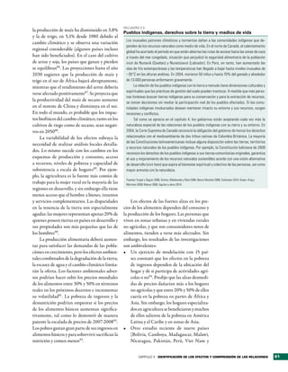 RecuadRo 3.3
la producción de maíz ha disminuido en 3,8%
                                                    Pueblos indígenas, derechos sobre la tierra y medios de vida
y la de trigo, en 5,1% desde 1980 debido al
                                                     Los inusuales patrones climáticos y tormentas dañan a las comunidades indígenas que de-
cambio climático y se observa una variación
                                                     penden de los recursos naturales como medio de vida. En el norte de Canadá, el calentamiento
regional considerable (algunos países incluso
                                                     global ha acortado el período en que están abiertas las rutas de acceso hacia las zonas de caza
han sido beneficiados). En el caso del cultivo       a través del mar congelado, situación que perjudicó la seguridad alimentaria de la población
de arroz y soja, los países que ganan y pierden      inuit de Nunavik (Quebec) y Nunatsiavut (Labrador). En Perú, en tanto, han aumentado las
se equilibran86. Las proyecciones hasta el año       olas de frío extemporáneas y las temperaturas han llegado a bajar hasta niveles inusuales de
2030 sugieren que la producción de maíz y            –35°C en las alturas andinas. En 2004, murieron 50 niños y hasta 70% del ganado y alrededor
trigo en el sur de África bajará abruptamente,       de 13.000 personas enfermaron gravemente.
mientras que el rendimiento del arroz debería             La relación de los pueblos indígenas con la tierra a menudo tiene dimensiones culturales y
                                                     espirituales que las prácticas de gestión del suelo pueden trastocar. A medida que más perso-
verse afectado positivamente87. Se proyecta que
                                                     nas foráneas buscan tierras indígenas para su conservación y para la extracción de recursos,
la productividad del maíz de secano aumente
                                                     se toman decisiones sin mediar la participación real de los pueblos afectados. Si las comu-
en el noreste de China y disminuya en el sur.        nidades indígenas involucradas desean mantener intacto su entorno y sus recursos, surgen
En todo el mundo, es probable que los impac-         tensiones y conflictos.
tos biofísicos del cambio climático, tanto en los         Tal como se aprecia en el capítulo 4, los gobiernos están aceptando cada vez más la
cultivos de riego como de secano, sean negati-       naturaleza especial de las relaciones de los pueblos indígenas con su tierra y su entorno. En
vos en 205088.                                       2004, la Corte Suprema de Canadá reconoció la obligación del gobierno de honrar los derechos
     La variabilidad de los efectos subraya la       relacionados con el medioambiente de dos tribus nativas de Columbia Británica. La mayoría
                                                     de las Constituciones latinoamericanas incluye alguna disposición sobre las tierras, territorios
necesidad de realizar análisis locales detalla-
                                                     y recursos naturales de los pueblos indígenas. Por ejemplo, la Constitución boliviana de 2009
dos. Lo mismo sucede con los cambios en los
                                                     reconoce los derechos de los pueblos indígenas a sus tierras comunitarias originales, garantiza
esquemas de producción y consumo, acceso             el uso y mejoramiento de los recursos naturales sostenibles acorde con una visión alternativa
a recursos, niveles de pobreza y capacidad de        de desarrollo (vivir bien) que aspira al bienestar espiritual y colectivo de las personas, así como
subsistencia a escala de hogares89. Por ejem-        mayor armonía con la naturaleza.
plo, la agricultura es la fuente más común de
                                                     Fuentes: Furgal y Seguin 2006; Simms, Maldonado y Reid 2006; Banco Mundial 2008; Cochester 2010; Green, King y
trabajo para la mujer rural en la mayoría de las     Morrison 2009; Manus 2006; Aguilar y otros 2010.
regiones en desarrollo, y sin embargo ella tiene
menos acceso que el hombre a bienes, insumos
y servicios complementarios. Las disparidades           Los efectos de las fuertes alzas en los pre-
en la tenencia de la tierra son especialmente       cios de los alimentos dependen del consumo y
agudas: las mujeres representan apenas 20% de       la producción de los hogares. Las personas que
quienes poseen tierras en países en desarrollo y    viven en zonas urbanas y en viviendas rurales
sus propiedades son más pequeñas que las de         no agrícolas, y que son consumidores netos de
los hombres90.                                      alimentos, tienden a verse más afectados. Sin
     La producción alimentaria deberá aumen-        embargo, los resultados de las investigaciones
tar para satisfacer las demandas de las pobla-      son ambivalentes:
ciones en crecimiento, pero los efectos ambien-     •	 Un ejercicio de modelación con 15 paí-
tales combinados de la degradación de la tierra,        ses constató que los efectos en la pobreza
la escasez de agua y el cambio climático limita-        de ingresos dependen de la ubicación del
rán la oferta. Los factores ambientales adver-          hogar y de si participa de actividades agrí-
sos podrían hacer subir los precios mundiales           colas o no94. Predijo que las alzas desmedi-
de los alimentos entre 30% y 50% en términos            das de precios dañarían más a los hogares
reales en los próximos decenios e incrementar           no agrícolas y que entre 20% y 50% de ellos
su volatilidad91. La pobreza de ingresos y la           caería en la pobreza en partes de África y
desnutrición podrían empeorar si los precios            Asia. Sin embargo, los hogares especializa-
de los alimentos básicos aumentan significa-            dos en agricultura se beneficiaron y muchos
tivamente, tal como lo demostró de manera               de ellos salieron de la pobreza en América
patente la escalada de precios de 2007-200892 .         Latina y el Caribe y en zonas de Asia.
Los pobres gastan gran parte de sus ingresos en     •	 Otro estudio reciente de nueve países
alimentos básicos y para sobrevivir sacrifican la       (Bolivia, Camboya, Madagascar, Malawi,
nutrición y comen menos93.                              Nicaragua, Pakistán, Perú, Viet Nam y


                                                               CAPÍTULO 3 identiFicación de los eFectos y comPrensión de las relaciones                               61
 