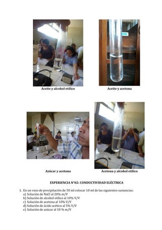 Aceite y alcohol etílico Aceite y acetona
Azúcar y acetona Acetona y alcohol etílico
EXPERIENCIA N°02: CONDUCTIVIDAD ELÉCTRICA
1. En un vaso de precipitación de 50 ml colocar 10 ml de las siguientes sustancias:
a) Solución de NaCl al 20% m/V
b) Solución de alcohol etílico al 10% V/V
c) Solución de acetona al 10% V/V
d) Solución de ácido acético al 5% V/V
e) Solución de azúcar al 10 % m/V
 