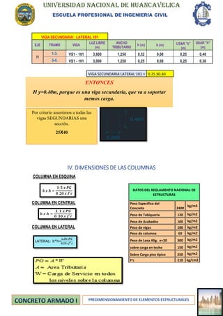 UNIVERSIDAD NACIONAL DE HUANCAVELICA
ESCUELA PROFESIONAL DE INGENIERIA CIVIL
PREDIMENSIONAMIENTO DE ELEMENTOS ESTRUCTURALES
VIGA SECUNDARIA: LATERAL 101
EJE TRAMO VIGA
LUZ LIBRE
(m)
ANCHO
TRIBUTARIO
H (m) b (m) USAR "b"
(m)
USAR "h"
(m)
H
1-3. VS1 - 101 3,800 1,250 0,32 0,08 0,25 0,40
3-4. VS1 - 101 3,000 1,250 0,25 0,08 0,25 0,30
VIGA SECUNDARIA LATERAL 101 = 0.25 X0.40
IV. DIMENSIONES DE LAS COLUMNAS
COLUMNA EN ESQUINA
COLUMNA EN CENTRAL
COLUMNA EN LATERAL
DATOS DEL REGLAMENTO NACIONAL DE
ESTRUCTURAS
Peso Especifico del
Concreto 2400
kg/m3
Peso de Tabiqueria 120 kg/m2
Peso de Acabados 100 kg/m2
Peso de vigas 100 kg/m2
Peso de columna 60 kg/m2
Peso de Losa Alig. e=20 300 kg/m2
sobre carga en techo 150 kg/m2
Sobre Carga piso tipico 250 kg/m2
F'c 210 kg/cm2
ENTONCES
H y=0.40m, porque es una viga secundaria, que va a soportar
memos carga.
Por criterio asumimos a todas las
vigas SEGUNDARIAS una
sección.
25X40
 