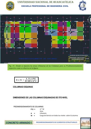 UNIVERSIDAD NACIONAL DE HUANCAVELICA
ESCUELA PROFESIONAL DE INGENIERIA CIVIL
PREDIMENSIONAMIENTO DE ELEMENTOS ESTRUCTURALES
COLUMNAS ESQUINAS
DIMENSIONES DE LAS COLUMNAS ESQUINADAS DE 5TO NIVEL
PREDIMENSIONAMIENTO DE COLUMNAS
P.G = A * W
A =
Area
tributaria
W = Carga de Servicio en todos los niveles sobre la columna
Fig. 15.- Donde se muestra las áreas tributarias de las Columnas para su Predimensionamiento
respectivo como se observa en la figura.
 