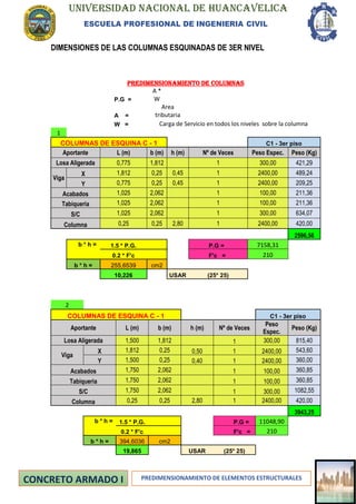 UNIVERSIDAD NACIONAL DE HUANCAVELICA
ESCUELA PROFESIONAL DE INGENIERIA CIVIL
PREDIMENSIONAMIENTO DE ELEMENTOS ESTRUCTURALES
DIMENSIONES DE LAS COLUMNAS ESQUINADAS DE 3ER NIVEL
PREDIMENSIONAMIENTO DE COLUMNAS
P.G =
A *
W
A =
Area
tributaria
W = Carga de Servicio en todos los niveles sobre la columna
1
COLUMNAS DE ESQUINA C - 1 C1 - 3er piso
Aportante L (m) b (m) h (m) Nº de Veces Peso Espec. Peso (Kg)
Losa Aligerada 0,775 1,812 1 300,00 421,29
Viga
X 1,812 0,25 0,45 1 2400,00 489,24
Y 0,775 0,25 0,45 1 2400,00 209,25
Acabados 1,025 2,062 1 100,00 211,36
Tabiqueria 1,025 2,062 1 100,00 211,36
S/C 1,025 2,062 1 300,00 634,07
Columna 0,25 0,25 2,80 1 2400,00 420,00
2596,56
b * h = 1.5 * P.G. P.G = 7158,31
0.2 * F'c F'c = 210
b * h = 255,6539 cm2
10,226 USAR (25* 25)
2
COLUMNAS DE ESQUINA C - 1 C1 - 3er piso
Aportante L (m) b (m) h (m) Nº de Veces
Peso
Espec.
Peso (Kg)
Losa Aligerada 1,500 1,812 1 300,00 815,40
Viga
X 1,812 0,25 0,50 1 2400,00 543,60
Y 1,500 0,25 0,40 1 2400,00 360,00
Acabados 1,750 2,062 1 100,00 360,85
Tabiqueria 1,750 2,062 1 100,00 360,85
S/C 1,750 2,062 1 300,00 1082,55
Columna 0,25 0,25 2,80 1 2400,00 420,00
3943,25
b * h = 1.5 * P.G. P.G = 11048,90
0.2 * F'c F'c = 210
b * h = 394,6036 cm2
19,865 USAR (25* 25)
 