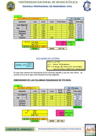 UNIVERSIDAD NACIONAL DE HUANCAVELICA
ESCUELA PROFESIONAL DE INGENIERIA CIVIL
PREDIMENSIONAMIENTO DE ELEMENTOS ESTRUCTURALES
7
COLUMNAS DE ESQUINA C - 1 C1 - 1er piso
Aportante L (m) b (m) h (m) Nº de Veces
Peso
Espec.
Peso (Kg)
Losa Aligerada 1,300 2,412 1 280,00 877,97
Viga
X 2,412 0,25 0,50 1 2400,00 723,60
Y 1,300 0,25 0,40 1 2400,00 312,00
Acabados 1,700 2,662 1 100,00 452,54
Tabiqueria 1,700 2,662 1 100,00 452,54
S/C 1,700 2,662 1 300,00 1357,62
Columna 0,25 0,25 2,80 1 2400,00 420,00
4596,27
b * h = 1.5 * P.G. P.G = 23038,17
0.2 * F'c F'c = 210
b * h = 822,7917 cm2
32,912 USAR (25* 35)
COLUMNA EN LATERAL
En este caso veremos las dimensiones de las columnas laterales y que son más críticos de
acuerdo a la luz de la viga y área tributaria de la losa aligerada.
DIMENSIONES DE LAS COLUMNAS ESQUINADAS DE 5TO NIVEL
12
COLUMNA LATERAL C - 2 C2 - 5To piso
Aportante L (m) b (m) h (m)
Nº de
Veces
Peso
Espec.
Peso (Kg)
Losa Aligerada 3,725 2,375 1 300,00 2654,0625
Viga
X 2,375 0,25 0,50 1 2400,00 712,5
Y 3,725 0,25 0,40 1 2400,00 894
Acabados 3,98 2,63 1 100,00 1043,4375
Tabiqueria 3,98 2,63 1 100,00 1043,4375
S/C Techo 3,98 2,63 1 200,00 2086,875
8434,3125
b *
h =
1.25 *
P.G. P.G = 8434,3125
0.25 * F'c F'c = 210
b * h = 200,8170 cm2
14,1710 USAR (25 * 25)
 