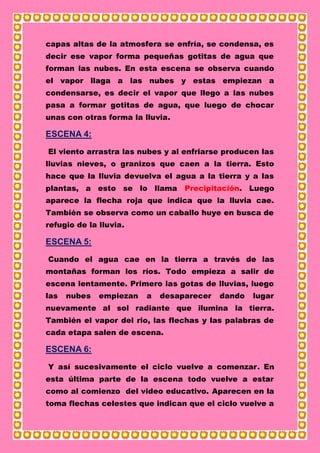 capas altas de la atmosfera se enfría, se condensa, es
decir ese vapor forma pequeñas gotitas de agua que
forman las nubes. En esta escena se observa cuando
el vapor llaga a las nubes y estas empiezan a
condensarse, es decir el vapor que llego a las nubes
pasa a formar gotitas de agua, que luego de chocar
unas con otras forma la lluvia.
ESCENA 4:
El viento arrastra las nubes y al enfriarse producen las
lluvias nieves, o granizos que caen a la tierra. Esto
hace que la lluvia devuelva el agua a la tierra y a las
plantas, a esto se lo llama Precipitación. Luego
aparece la flecha roja que indica que la lluvia cae.
También se observa como un caballo huye en busca de
refugio de la lluvia.
ESCENA 5:
Cuando el agua cae en la tierra a través de las
montañas forman los ríos. Todo empieza a salir de
escena lentamente. Primero las gotas de lluvias, luego
las nubes empiezan a desaparecer dando lugar
nuevamente al sol radiante que ilumina la tierra.
También el vapor del rio, las flechas y las palabras de
cada etapa salen de escena.
ESCENA 6:
Y así sucesivamente el ciclo vuelve a comenzar. En
esta última parte de la escena todo vuelve a estar
como al comienzo del video educativo. Aparecen en la
toma flechas celestes que indican que el ciclo vuelve a
 