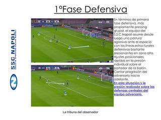 La tribuna del observador
1ºFase Defensiva
En términos de primera
fase defensiva, más
propiamente pressing
grupal, el equipo del
S.S.C.Napoli asume desde
luego una postura
agresiva ante el espacio
con las líneas estructurales
defensivas bastante
presionantes en zona alta.
Ajustes posicionales
rápidos en la presión
individual sobre el
portador de la balón.
Contar progresión del
adversario hacia
adelante.
En esta situación/s la
presión realizada sobre las
defensas centrales del
equipo adversario.
 