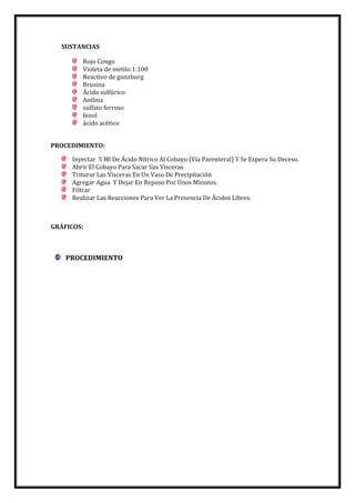 SUSTANCIAS
Rojo Congo
Violeta de metilo 1:100
Reactivo de gunzburg
Brusina
Ácido sulfúrico
Anilina
sulfato ferroso
fenol
ácido acético
PROCEDIMIENTO:
Inyectar 5 Ml De Ácido Nítrico Al Cobayo (Vía Parenteral) Y Se Espera Su Deceso.
Abrir El Cobayo Para Sacar Sus Vísceras
Triturar Las Vísceras En Un Vaso De Precipitación
Agregar Agua Y Dejar En Reposo Por Unos Minutos.
Filtrar
Realizar Las Reacciones Para Ver La Presencia De Ácidos Libres.

GRÁFICOS:

PROCEDIMIENTO

 