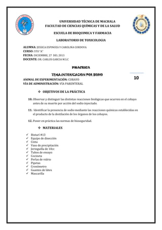 UNIVERSIDAD TÉCNICA DE MACHALA
FACULTAD DE CIENCIAS QUÍMICAS Y DE LA SALUD
ESCUELA DE BIOQUIMICA Y FARMACIA
LABORATORIO DE TOXICOLOGIA
ALUMNA: JESSICA ESPINOZA Y CAROLINA CORDOVA
CURSO: 5TO “A”
FECHA: DICIEMBRE, 27 DEL 2013
DOCENTE: DR. CARLOS GARCIA M.S.C
PRACTICA

TEMA:INTOXICACION POR SODIO
ANIMAL DE EXPERIMENTACIÓN: COBAYO
VÍA DE ADMINISTRACIÓN: VÍA PARENTERAL

10

 OBJETIVOS DE LA PRÁCTICA
10. Observar y distinguir las distintas reacciones biológicas que ocurren en el cobayo
antes de su muerte por acción del sodio inyectado.
11. Identificar la presencia de sodio mediante las reacciones químicas establecidas en
el producto de la destilación de los órganos de los cobayos.
12. Poner en práctica las normas de bioseguridad.

 MATERIALES













Bisturí #13
Equipo de disección
Cinta
Vaso de precipitación
Jeringuilla de 10cc
Tubos de ensayo
Cocineta
Perlas de vidrio
Pipetas
Cronómetro
Guantes de látex
Mascarilla

 