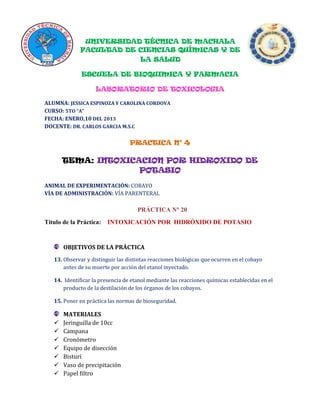 UNIVERSIDAD TÉCNICA DE MACHALA
FACULTAD DE CIENCIAS QUÍMICAS Y DE
LA SALUD
ESCUELA DE BIOQUIMICA Y FARMACIA
LABORATORIO DE TOXICOLOGIA
ALUMNA: JESSICA ESPINOZA Y CAROLINA CORDOVA
CURSO: 5TO “A”
FECHA: ENERO,10 DEL 2013
DOCENTE: DR. CARLOS GARCIA M.S.C

PRACTICA N° 4

TEMA: INTOXICACION POR HIDROXIDO DE
POTASIO
ANIMAL DE EXPERIMENTACIÓN: COBAYO
VÍA DE ADMINISTRACIÓN: VÍA PARENTERAL

PRÁCTICA N° 20
Título de la Práctica:

INTOXICACIÓN POR HIDRÓXIDO DE POTASIO

OBJETIVOS DE LA PRÁCTICA
13. Observar y distinguir las distintas reacciones biológicas que ocurren en el cobayo
antes de su muerte por acción del etanol inyectado.
14. Identificar la presencia de etanol mediante las reacciones químicas establecidas en el
producto de la destilación de los órganos de los cobayos.
15. Poner en práctica las normas de bioseguridad.









MATERIALES
Jeringuilla de 10cc
Campana
Cronómetro
Equipo de disección
Bisturí
Vaso de precipitación
Papel filtro

 
