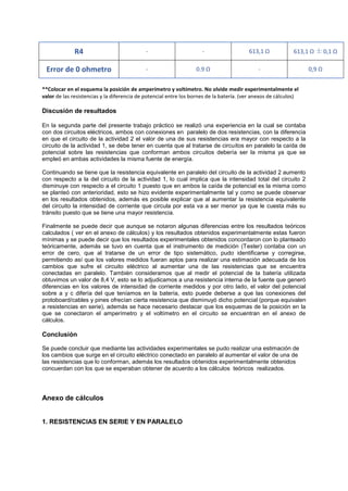 R4 - - 613,1 Ω 613,1 Ω 士 0,1 Ω
Error de 0 ohmetro - 0.9 Ω - 0,9 Ω
**Colocar en el esquema la posición de amperímetro y voltímetro. No olvide medir experimentalmente el
valor de las resistencias y la diferencia de potencial entre los bornes de la batería. (ver anexos de cálculos)
Discusión de resultados
En la segunda parte del presente trabajo práctico se realizó una experiencia en la cual se contaba
con dos circuitos eléctricos, ambos con conexiones en paralelo de dos resistencias, con la diferencia
en que el circuito de la actividad 2 el valor de una de sus resistencias era mayor con respecto a la
circuito de la actividad 1, se debe tener en cuenta que al tratarse de circuitos en paralelo la caída de
potencial sobre las resistencias que conforman ambos circuitos debería ser la misma ya que se
empleó en ambas actividades la misma fuente de energía.
Continuando se tiene que la resistencia equivalente en paralelo del circuito de la actividad 2 aumento
con respecto a la del circuito de la actividad 1, lo cual implica que la intensidad total del circuito 2
disminuye con respecto a el circuito 1 puesto que en ambos la caída de potencial es la misma como
se planteó con anterioridad, esto se hizo evidente experimentalmente tal y como se puede observar
en los resultados obtenidos, además es posible explicar que al aumentar la resistencia equivalente
del circuito la intensidad de corriente que circula por esta va a ser menor ya que le cuesta más su
tránsito puesto que se tiene una mayor resistencia.
Finalmente se puede decir que aunque se notaron algunas diferencias entre los resultados teóricos
calculados ( ver en el anexo de cálculos) y los resultados obtenidos experimentalmente estas fueron
mínimas y se puede decir que los resultados experimentales obtenidos concordaron con lo planteado
teóricamente, además se tuvo en cuenta que el instrumento de medición (Tester) contaba con un
error de cero, que al tratarse de un error de tipo sistemático, pudo identificarse y corregirse,
permitiendo así que los valores medidos fueran aptos para realizar una estimación adecuada de los
cambios que sufre el circuito eléctrico al aumentar una de las resistencias que se encuentra
conectadas en paralelo. También consideramos que al medir el potencial de la batería utilizada
obtuvimos un valor de 8,4 V, esto se lo adjudicamos a una resistencia interna de la fuente que generó
diferencias en los valores de intensidad de corriente medidos y por otro lado, el valor del potencial
sobre a y c difería del que teníamos en la batería, esto puede deberse a que las conexiones del
protoboard/cables y pines ofrecían cierta resistencia que disminuyó dicho potencial (porque equivalen
a resistencias en serie), además se hace necesario destacar que los esquemas de la posición en la
que se conectaron el amperímetro y el voltímetro en el circuito se encuentran en el anexo de
cálculos.
Conclusión
Se puede concluir que mediante las actividades experimentales se pudo realizar una estimación de
los cambios que surge en el circuito eléctrico conectado en paralelo al aumentar el valor de una de
las resistencias que lo conforman, además los resultados obtenidos experimentalmente obtenidos
concuerdan con los que se esperaban obtener de acuerdo a los cálculos teóricos realizados.
Anexo de cálculos
1. RESISTENCIAS EN SERIE Y EN PARALELO
 
