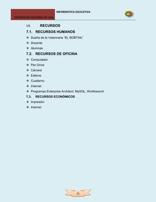 INFORMATICA EDUCATIVA
UNIVERSIDAD NACIONAL DE LOJA


        VII.      RECURSOS
        7.1. RECURSOS HUMANOS
         Dueña de la Veterinaria “EL BOBTAIL”
         Docente
         Alumnas
        7.2. RECURSOS DE OFICINA
         Computador
         Pen Drive
         Cámara
         Esferos
         Cuaderno
         Internet
         Programas Enterprise Architect, MySQL, Workbeanch
        7.3.   RECURSOS ECONÒMICOS
         Impresión
         Internet




                                           15
 