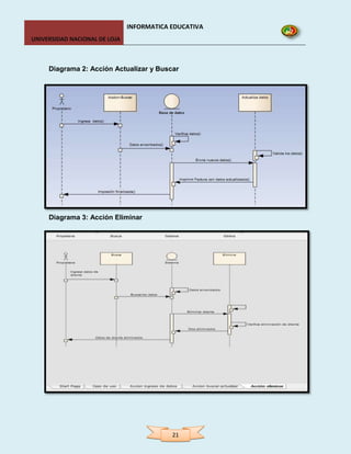 INFORMATICA EDUCATIVA
UNIVERSIDAD NACIONAL DE LOJA



     Diagrama 2: Acción Actualizar y Buscar




     Diagrama 3: Acción Eliminar




                                           21
 