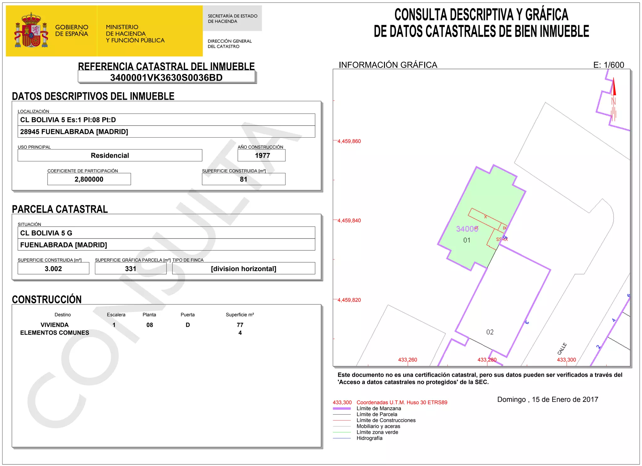 REFERENCIA CATASTRAL DEL INMUEBLE
3400001VK3630S0036BD
DATOS DESCRIPTIVOS DEL INMUEBLE
LOCALIZACIÓN
CL BOLIVIA 5 Es:1 Pl:08 Pt:D
28945 FUENLABRADA [MADRID]
USO PRINCIPAL
Residencial
AÑO CONSTRUCCIÓN
1977
COEFICIENTE DE PARTICIPACIÓN
2,800000
SUPERFICIE CONSTRUIDA [m²]
81
PARCELA CATASTRAL
SITUACIÓN
CL BOLIVIA 5 G
FUENLABRADA [MADRID]
SUPERFICIE CONSTRUIDA [m²]
3.002
SUPERFICIE GRÁFICA PARCELA [m²]
331
TIPO DE FINCA
[division horizontal]
CONSULTA DESCRIPTIVA Y GRÁFICA
DE DATOS CATASTRALES DE BIEN INMUEBLE
INFORMACIÓN GRÁFICA E: 1/600
4,459,820
4,459,840
4,459,860
433,260 433,280 433,300
433,300 Coordenadas U.T.M. Huso 30 ETRS89
Este documento no es una certificación catastral, pero sus datos pueden ser verificados a través del
'Acceso a datos catastrales no protegidos' de la SEC.
Límite de Manzana
Límite de Parcela
Límite de Construcciones
Mobiliario y aceras
Límite zona verde
Hidrografía
Domingo , 15 de Enero de 2017
CONSTRUCCIÓN
Destino Escalera Planta Puerta Superficie m²
VIVIENDA 1 08 D 77
ELEMENTOS COMUNES 4
 