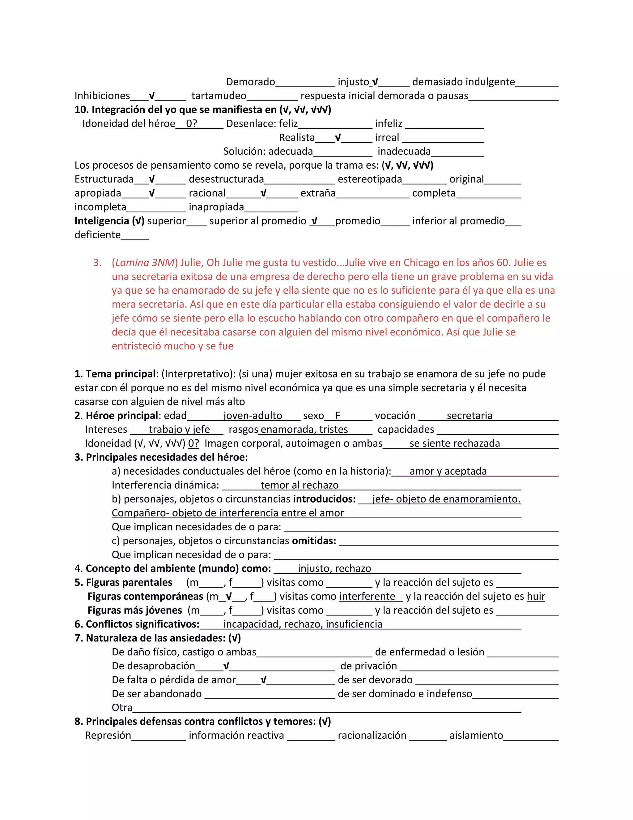 Demorado injusto √ demasiado indulgente
Inhibiciones √ tartamudeo respuesta inicial demorada o pausas
10. Integración del yo que se manifiesta en (√, √√, √√√)
Idoneidad del héroe 0? Desenlace: feliz infeliz
Realista √ irreal
Solución: adecuada inadecuada
Los procesos de pensamiento como se revela, porque la trama es: (√, √√, √√√)
Estructurada √ desestructurada estereotipada original
apropiada √ racional √ extraña completa
incompleta inapropiada
Inteligencia (√) superior superior al promedio √ promedio inferior al promedio
deficiente
3. (Lamina 3NM) Julie, Oh Julie me gusta tu vestido...Julie vive en Chicago en los años 60. Julie es
una secretaria exitosa de una empresa de derecho pero ella tiene un grave problema en su vida
ya que se ha enamorado de su jefe y ella siente que no es lo suficiente para él ya que ella es una
mera secretaria. Así que en este día particular ella estaba consiguiendo el valor de decirle a su
jefe cómo se siente pero ella lo escucho hablando con otro compañero en que el compañero le
decía que él necesitaba casarse con alguien del mismo nivel económico. Así que Julie se
entristeció mucho y se fue
1. Tema principal: (Interpretativo): (si una) mujer exitosa en su trabajo se enamora de su jefe no pude
estar con él porque no es del mismo nivel económica ya que es una simple secretaria y él necesita
casarse con alguien de nivel más alto
2. Héroe principal: edad joven-adulto sexo F vocación secretaria
Intereses trabajo y jefe rasgos enamorada, tristes capacidades
Idoneidad (√, √√, √√√) 0? Imagen corporal, autoimagen o ambas se siente rechazada
3. Principales necesidades del héroe:
a) necesidades conductuales del héroe (como en la historia): amor y aceptada
Interferencia dinámica: temor al rechazo
b) personajes, objetos o circunstancias introducidos: jefe- objeto de enamoramiento.
Compañero- objeto de interferencia entre el amor
Que implican necesidades de o para:
c) personajes, objetos o circunstancias omitidas:
Que implican necesidad de o para:
4. Concepto del ambiente (mundo) como: injusto, rechazo
5. Figuras parentales (m , f ) visitas como y la reacción del sujeto es
Figuras contemporáneas (m √ , f ) visitas como interferente y la reacción del sujeto es huir
Figuras más jóvenes (m , f ) visitas como y la reacción del sujeto es
6. Conflictos significativos: incapacidad, rechazo, insuficiencia
7. Naturaleza de las ansiedades: (√)
De daño físico, castigo o ambas de enfermedad o lesión
De desaprobación √ de privación
De falta o pérdida de amor √ de ser devorado
De ser abandonado de ser dominado e indefenso
Otra
8. Principales defensas contra conflictos y temores: (√)
Represión información reactiva racionalización aislamiento
 
