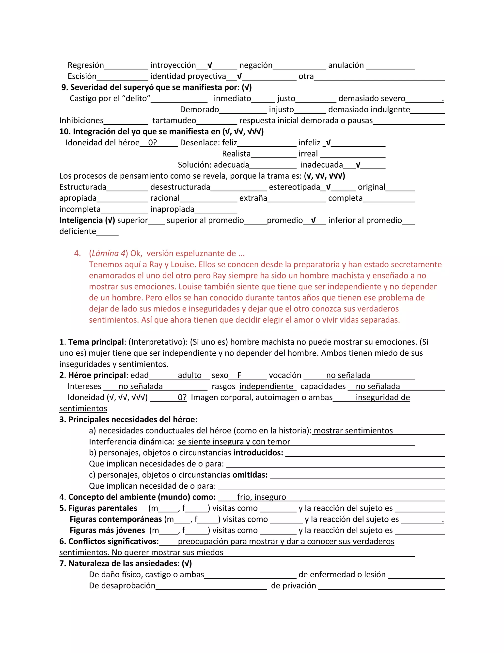 Regresión introyección √ negación anulación
Escisión identidad proyectiva √ otra
9. Severidad del superyó que se manifiesta por: (√)
Castigo por el “delito” inmediato justo demasiado severo .
Demorado injusto demasiado indulgente
Inhibiciones tartamudeo respuesta inicial demorada o pausas
10. Integración del yo que se manifiesta en (√, √√, √√√)
Idoneidad del héroe 0? Desenlace: feliz infeliz √
Realista irreal
Solución: adecuada inadecuada √
Los procesos de pensamiento como se revela, porque la trama es: (√, √√, √√√)
Estructurada desestructurada estereotipada √ original
apropiada racional extraña completa
incompleta inapropiada
Inteligencia (√) superior superior al promedio promedio √ inferior al promedio
deficiente
4. (Lámina 4) Ok, versión espeluznante de ...
Tenemos aquí a Ray y Louise. Ellos se conocen desde la preparatoria y han estado secretamente
enamorados el uno del otro pero Ray siempre ha sido un hombre machista y enseñado a no
mostrar sus emociones. Louise también siente que tiene que ser independiente y no depender
de un hombre. Pero ellos se han conocido durante tantos años que tienen ese problema de
dejar de lado sus miedos e inseguridades y dejar que el otro conozca sus verdaderos
sentimientos. Así que ahora tienen que decidir elegir el amor o vivir vidas separadas.
1. Tema principal: (Interpretativo): (Si uno es) hombre machista no puede mostrar su emociones. (Si
uno es) mujer tiene que ser independiente y no depender del hombre. Ambos tienen miedo de sus
inseguridades y sentimientos.
2. Héroe principal: edad adulto sexo F vocación no señalada
Intereses no señalada rasgos independiente capacidades no señalada
Idoneidad (√, √√, √√√) 0? Imagen corporal, autoimagen o ambas inseguridad de
sentimientos
3. Principales necesidades del héroe:
a) necesidades conductuales del héroe (como en la historia): mostrar sentimientos
Interferencia dinámica: se siente insegura y con temor
b) personajes, objetos o circunstancias introducidos:
Que implican necesidades de o para:
c) personajes, objetos o circunstancias omitidas:
Que implican necesidad de o para:
4. Concepto del ambiente (mundo) como: frio, inseguro
5. Figuras parentales (m , f ) visitas como y la reacción del sujeto es
Figuras contemporáneas (m , f ) visitas como y la reacción del sujeto es .
Figuras más jóvenes (m , f ) visitas como y la reacción del sujeto es
6. Conflictos significativos: preocupación para mostrar y dar a conocer sus verdaderos
sentimientos. No querer mostrar sus miedos
7. Naturaleza de las ansiedades: (√)
De daño físico, castigo o ambas de enfermedad o lesión
De desaprobación de privación
 