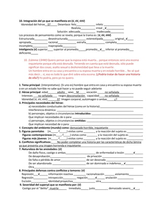 10. Integración del yo que se manifiesta en (√, √√, √√√)
Idoneidad del héroe 0? Desenlace: feliz infeliz
Realista irreal √
Solución: adecuada inadecuada
Los procesos de pensamiento como se revela, porque la trama es: (√, √√, √√√)
Estructurada desestructurada estereotipada original √
apropiada racional extraña completa
incompleta inapropiada
Inteligencia (√) superior superior al promedio promedio √ inferior al promedio
deficiente
10. (Lámina 13HM) Quiero pensar que la esposa está muerta... porque entonces será una escena
inquietante porque ella está desnuda. Teniendo en cuenta que está desnuda, sólo puede
significar dos cosas; asalto sexual o deshonestidad que lleva a la muerte.
Un hombre entra en su casa y encuentra a su esposa muerta y en estado horrible... No sé qué
más decir... sí, eso es todo lo que diré sobre esta escena. (¿Podría tratar de hacer una historia
de ella?) Yo podría, pero yo no quiero.
1. Tema principal: (Interpretativo): (Si uno es) hombre que entra en casa y encuentra su esposa muerta
o en un estado horrible no sabe qué hacer y no puede seguir adelante
2. Héroe principal: edad adulto sexo M vocación no señalada
Intereses no señalada rasgos desconsolación capacidad no señalada
Idoneidad (√, √√, √√√) 0? Imagen corporal, autoimagen o ambas ¿?
3. Principales necesidades del héroe:
a) necesidades conductuales del héroe (como en la historia):
Interferencia dinámica:
b) personajes, objetos o circunstancias introducidos:
Que implican necesidades de o para:
c) personajes, objetos o circunstancias omitidas:
Que implican necesidad de o para:
4. Concepto del ambiente (mundo) como: demasiado horrible, inquietante
5. Figuras parentales (m , f ) visitas como y la reacción del sujeto es
Figuras contemporáneas (m , f ) visitas como y la reacción del sujeto es .
Figuras más jóvenes (m , f ) visitas como y la reacción del sujeto es
6. Conflictos significativos: No poder completar una historia por las características de dicha lámina
ya que presenta una imagen horrenda e inquietante
7. Naturaleza de las ansiedades: (√)
De daño físico, castigo o ambas de enfermedad o lesión √
De desaprobación de privación
De falta o pérdida de amor de ser devorado
De ser abandonado de ser dominado e indefenso √
Otra
8. Principales defensas contra conflictos y temores: (√)
Represión √ información reactiva racionalización aislamiento
Regresión introyección negación √ anulación
Escisión identidad proyectiva otra
9. Severidad del superyó que se manifiesta por: (√)
Castigo por el “delito” muerte inmediato justo demasiado severo √ .
 