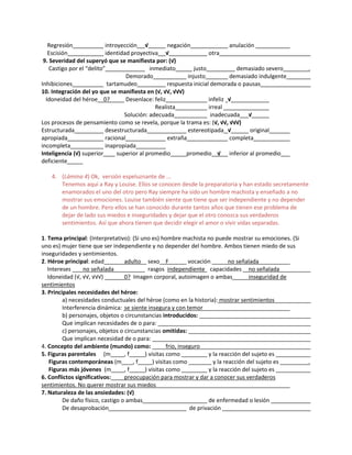 Regresión introyección √ negación anulación
Escisión identidad proyectiva √ otra
9. Severidad del superyó que se manifiesta por: (√)
Castigo por el “delito” inmediato justo demasiado severo .
Demorado injusto demasiado indulgente
Inhibiciones tartamudeo respuesta inicial demorada o pausas
10. Integración del yo que se manifiesta en (√, √√, √√√)
Idoneidad del héroe 0? Desenlace: feliz infeliz √
Realista irreal
Solución: adecuada inadecuada √
Los procesos de pensamiento como se revela, porque la trama es: (√, √√, √√√)
Estructurada desestructurada estereotipada √ original
apropiada racional extraña completa
incompleta inapropiada
Inteligencia (√) superior superior al promedio promedio √ inferior al promedio
deficiente
4. (Lámina 4) Ok, versión espeluznante de ...
Tenemos aquí a Ray y Louise. Ellos se conocen desde la preparatoria y han estado secretamente
enamorados el uno del otro pero Ray siempre ha sido un hombre machista y enseñado a no
mostrar sus emociones. Louise también siente que tiene que ser independiente y no depender
de un hombre. Pero ellos se han conocido durante tantos años que tienen ese problema de
dejar de lado sus miedos e inseguridades y dejar que el otro conozca sus verdaderos
sentimientos. Así que ahora tienen que decidir elegir el amor o vivir vidas separadas.
1. Tema principal: (Interpretativo): (Si uno es) hombre machista no puede mostrar su emociones. (Si
uno es) mujer tiene que ser independiente y no depender del hombre. Ambos tienen miedo de sus
inseguridades y sentimientos.
2. Héroe principal: edad adulto sexo F vocación no señalada
Intereses no señalada rasgos independiente capacidades no señalada
Idoneidad (√, √√, √√√) 0? Imagen corporal, autoimagen o ambas inseguridad de
sentimientos
3. Principales necesidades del héroe:
a) necesidades conductuales del héroe (como en la historia): mostrar sentimientos
Interferencia dinámica: se siente insegura y con temor
b) personajes, objetos o circunstancias introducidos:
Que implican necesidades de o para:
c) personajes, objetos o circunstancias omitidas:
Que implican necesidad de o para:
4. Concepto del ambiente (mundo) como: frio, inseguro
5. Figuras parentales (m , f ) visitas como y la reacción del sujeto es
Figuras contemporáneas (m , f ) visitas como y la reacción del sujeto es .
Figuras más jóvenes (m , f ) visitas como y la reacción del sujeto es
6. Conflictos significativos: preocupación para mostrar y dar a conocer sus verdaderos
sentimientos. No querer mostrar sus miedos
7. Naturaleza de las ansiedades: (√)
De daño físico, castigo o ambas de enfermedad o lesión
De desaprobación de privación
 