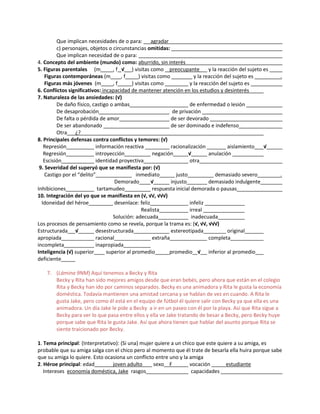 Que implican necesidades de o para: agradar
c) personajes, objetos o circunstancias omitidas:
Que implican necesidad de o para:
4. Concepto del ambiente (mundo) como: aburrido, sin interés
5. Figuras parentales (m , f √ ) visitas como preocupante y la reacción del sujeto es
Figuras contemporáneas (m , f ) visitas como y la reacción del sujeto es .
Figuras más jóvenes (m , f ) visitas como y la reacción del sujeto es
6. Conflictos significativos: incapacidad de mantener atención en los estudios y desinterés
7. Naturaleza de las ansiedades: (√)
De daño físico, castigo o ambas de enfermedad o lesión
De desaprobación de privación
De falta o pérdida de amor de ser devorado
De ser abandonado de ser dominado e indefenso
Otra ¿?
8. Principales defensas contra conflictos y temores: (√)
Represión información reactiva racionalización aislamiento √
Regresión introyección negación √ anulación
Escisión identidad proyectiva otra
9. Severidad del superyó que se manifiesta por: (√)
Castigo por el “delito” inmediato justo demasiado severo .
Demorado √ injusto demasiado indulgente
Inhibiciones tartamudeo respuesta inicial demorada o pausas
10. Integración del yo que se manifiesta en (√, √√, √√√)
Idoneidad del héroe desenlace: feliz infeliz
Realista irreal
Solución: adecuada inadecuada
Los procesos de pensamiento como se revela, porque la trama es: (√, √√, √√√)
Estructurada √ desestructurada estereotipada original
apropiada racional extraña completa
incompleta inapropiada
Inteligencia (√) superior superior al promedio promedio √ inferior al promedio
deficiente
7. (Lámina 9NM) Aquí tenemos a Becky y Rita
Becky y Rita han sido mejores amigos desde que eran bebés, pero ahora que están en el colegio
Rita y Becky han ido por caminos separados. Becky es una animadora y Rita le gusta la economía
doméstica. Todavía mantienen una amistad cercana y se hablan de vez en cuando. A Rita le
gusta Jake, pero como él está en el equipo de fútbol él quiere salir con Becky ya que ella es una
animadora. Un día Jake le pide a Becky a ir en un paseo con él por la playa. Así que Rita sigue a
Becky para ver lo que pasa entre ellos y ella ve Jake tratando de besar a Becky, pero Becky huye
porque sabe que Rita le gusta Jake. Así que ahora tienen que hablar del asunto porque Rita se
siente traicionado por Becky.
1. Tema principal: (Interpretativo): (Si una) mujer quiere a un chico que este quiere a su amiga, es
probable que su amiga salga con el chico pero al momento que él trate de besarla ella huira porque sabe
que su amiga lo quiere. Esto ocasiona un conflicto entre uno y la amiga
2. Héroe principal: edad joven adulto sexo F vocación estudiante
Intereses economía doméstica, Jake rasgos capacidades
 