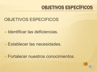 OBJETIVOS ESPECÍFICOS
OBJETIVOS ESPECIFICOS
 Identificar las deficiencias.
 Establecer las necesidades.
 Fortalecer nuestros conocimientos.
 