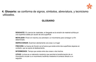 4. Glosario: se conforma de signos, símbolos, abreviatura, y tecnicismo
utilizados.
GLOSARIO
DESGASTE: En ciencia de materiales, el desgaste es la erosión de material sufrida por
una superficie sólida por acción de otra superficie
MOVILIZAR: Poner en marcha una actividad o un movimiento para conseguir un fin
determinado.
INSPECCIONAR: Examinar atentamente una cosa o un lugar
FRICCIÓN: La fuerza de fricción es la fuerza que existe entre dos superficies ásperas en
contacto, que se opone al deslizamiento.
INTERMEDIOS: Tiempo que existe entre dos cosas o dos hechos
LEVAS: La leva es un elemento mecánico que permite la transformación de un
movimiento circular a un movimiento rectilíneo mediante el contacto directo a un
seguidor.
 