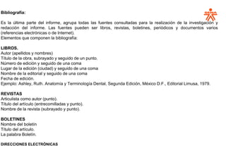 Bibliografía:
Es la última parte del informe, agrupa todas las fuentes consultadas para la realización de la investigación y
redacción del informe. Las fuentes pueden ser libros, revistas, boletines, periódicos y documentos varios
(referencias electrónicas o de Internet).
Elementos que componen la bibliografía:
LIBROS.
Autor (apellidos y nombres)
Título de la obra, subrayado y seguido de un punto.
Número de edición y seguido de una coma
Lugar de la edición (ciudad) y seguido de una coma
Nombre de la editorial y seguido de una coma
Fecha de edición.
Ejemplo: Ashley, Ruth. Anatomía y Terminología Dental, Segunda Edición, México D.F., Editorial Limusa, 1979.
REVISTAS
Articulista como autor (punto).
Título del artículo (entrecomilladas y punto).
Nombre de la revista (subrayado y punto).
BOLETINES
Nombre del boletín
Título del artículo.
La palabra Boletín.
DIRECCIONES ELECTRÓNICAS
 
