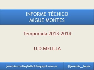 INFORME TÉCNICO
MIGUE MONTES
Temporada 2013-2014
U.D.MELILLA
@joseluis__lopezjoseluisscoutingfutbol.blogspot.com.es
 