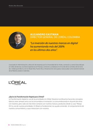 La evolución hacia la fotografía digital no pilló por
sorpresa a Kodak, que registró una de las primeras
patentes de cámara digital en 1975 y previó con 30
años de antelación el vuelco tecnológico. Pero tras
varios intentos, la empresa fundada por George
Eastman en 1888 no resistió al tsunami digital y se
encuentra en proceso de reestructuración profun-
da, tras la quiebra de 2012.
Al contrario que Kodak, Netflixseenfrentóauna
transformación radical apenas transcurridos
10 años desde su fundación en 1997, tenien-
do que reconvertirse, pasando de la logística
de entrega de vídeos a domicilio, a la distri-
bución de contenidos en Internet. Cuando en
2003 Netflix anticipa la tecnología del streaming,
cimentada en la evolución de la banda ancha y la
tecnología de codecs de vídeo, se pone manos a
la obra para reconvertir sus capacidades internas
y edificar prácticamente de cero una compañía
esencialmente tecnológica. En 2009 el impulso
de su negocio de streaming la hace pasar de 12.3
millones de suscriptores a 24.4 en apenas dos
años, rondando los más de 30 millones de sus-
criptores online a finales de 2013. Aunque se cier-
nen muchas amenazas alrededor de Netflix, nadie
pone en duda su capacidad de reinvención.
La digitalización le está dando poder al individuo.
El acceso ubicuo a la información, la conectividad
y la convergencia con otros avances tecnológicos,
nos dota de superpoderes. Los signos se apre-
cian por doquier: movimientos descentralizados
como el 15-M y #OccupyWallStreet, activos digi-
tales como la Wikipedia o el software libre, em-
presas como Local Motors, la economía P2P y una
miríada de startups poniendo en jaque a grandes
corporaciones. Se acortan los ciclos de vida de las
empresas, de sus productos y servicios. Empresas
que ayer eran líderes en su categoría, hoy no en-
cuentran su espacio.
En 1960 el período medio de pertenencia de una
empresa al índice Standard & Poors 500 era de 60
años. En 2010 ese período medio de permanen-
cia es de 15 años. Si este ritmo continúa, en 2025
el 75% de las empresas que hoy habitan el S&P
500 ya no lo hará. 
LA DIGITALIZACIÓN LE ESTÁ DANDO PODER AL INDIVIDUO.
LOS SIGNOS SE APRECIAN POR DOQUIER: MOVIMIENTOS
DESCENTRALIZADOS #OCCUPYWALLSTREET, ACTIVOS DIGITALES
COMO LA WIKIPEDIA O EL SOFTWARE LIBRE, EMPRESAS COMO LOCAL
MOTORS, LA ECONOMÍA P2P Y UNA MIRÍADA DE STARTUPS PONIENDO
EN JAQUE A GRANDES CORPORACIONES
¿POR QUÉ DEBE DIGITALIZARSE NUESTRA ORGANIZACIÓN?
 