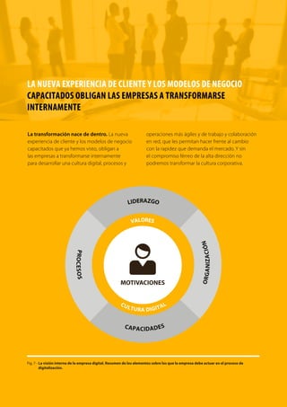 110 TRANSFORMACIÓN digital
Economía Colaborativa: eficiencia y escala para activos infrautilizados
Tan sólo la noche pasada más de 50.000 personas han alquilado un apartamento a través de un servicio que
en 2013 ya ofrecía más de 250.000 habitaciones repartidas en 30.000 ciudades a lo largo de 192 países. Sin
embargo, lejos de ser una cadena hotelera, son los propietarios los que alquilan sus habitaciones a personas
que no conocen. Y el artífice de juntar a particulares es Airbnb, una empresa de San Francisco, que nace en
2008. Y que, desde entonces, ha sido usada por más de 4 millones de personas.
La economía colaborativa (sharing economy) aprovecha las nuevas tecnologías para hacer eficiente el uso
compartido de bienes y servicios infrautilizados. Este movimiento, propiciado por la reducción de costes de
transacción en Internet y por la posibilidad de construcción de reputación en redes sociales (que permite a
ambas partes evaluar la otra aportando confianza a la transacción), es uno de los caminos hacia la innovación
disruptiva que algunas organizaciones ya han emprendido.
Las plataformas de economia colaborativa son el elemento de conexión entre particulares
que ofrecen un servicio y aquellos que están interesados en el mismo.
 