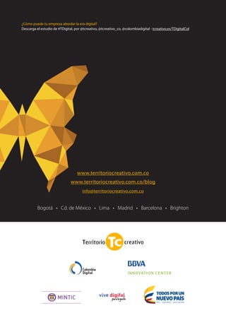 138 TRANSFORMACIÓN digital
El mundo está cambiando. Y el avance tecnológico
crece a un ritmo exponencial, algo que supera la
comprensión humana. Durante mucho tiempo
parece que nada ha cambiado y en un momento
dado, la evolución se ha disparado de golpe. No
somos conscientes del cambio que se nos
avecina. En su libro“The New Division of Labor”,
Levy y Murnane predijeron que una computadora
jamás podría llegar a conducir un coche y la
comunidad científica en pleno asintió. Apenas
diez años después, el coche sin conductor de
Google ya está poniendo en jaque la predicción.
Si sólo pudiera memorizar 5 ideas de este
documento para acelerar tu proceso de
digitalización, ésta sería nuestra elección:
Si mola, es digital
• Desarrolle la mente analítica y tu creatividad. Analizar miríadas de datos, detectar patrones ocultos,
tomar decisiones fundamentadas en esos datos y crear un mensaje emocionante e impactante. Data
driven no significa analizar, sino disminuir el número de decisiones basadas en la intuición. Sin olvidar
que, en un contexto de“infoxicación”, el más creativo impacta y gana.
• Convenza a los trabajadores de tu organización para digitalizarse“personalmente”. Eliminar
la“torpeza digital”nos hará más productivos y más cercanos al“nuevo consumidor”, que es el de
siempre, pero nos lleva varios clics de ventaja.
• Construya una Intranet social vibrante. Olvide tu Intranet corporativa. Es aburrida y difícil de usar.
Use una herramienta gratuita para facilitar la conversación online“entre pares”. Que cuente con una
experiencia de usuario fascinante. Y trabaja para que los jefes no maten la colaboración.
• Abra los ojos y las puertas de su organización. Ahí fuera hay más talento del que jamás podrá
“pagar”. Si ofreces un porqué y no renuncias a buscar nuevos modelos de colaboración, quizá le
sorprenda su disposición a ayudarte, incluso sin remuneración salarial.
• Ponga a las personas primero. La hemos dejado para el final, porque le generará dudas, pero debe
ser la primera de todas. Esto no va de rollo flower power. En un entorno digital, la competencia está
a un tiro de clic. La digitalización le da poder al individuo. Si no se obsesiona por el usuario (por las
personas en general y por sus empleados en particular) no sobrevivirá. Y además desperdiciará una
gran oportunidad para ayudar a construir un mundo mejor y más humano.
 