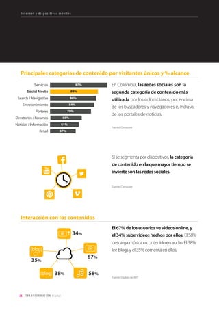 26 TRANSFORMACIÓN digital
Colombia presenta un alto crecimiento en el
acceso a internet, pero todavía hay mucho
camino por recorrer. Se estima que el 51.7%
de los 50 millones de colombianos tiene
acceso.
Colombia se desmarca totalmente de los países
en desarrollo, donde solo el 9.8% de la
población tiene acceso a la red.
Del total de las conexiones a Internet de banda
ancha en Colombia, el 52% corresponde
a un acceso fijo dedicado (5.258.113
suscriptores) y el resto son suscriptores a
Internet Móvil.
Penetración de Internet en Colombia
Internet y dispositivos móviles
Fuente: www.colombiadigital.net
Fuente: MinTIC
15
30
45
60
2005 2006 2007 2008 2009 2010 2011 2012 2013 2014
 