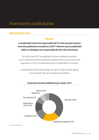 27TRANSFORMACIÓN digital
En Colombia, el 63% de la audiencia
online es menor de 35 años, por encima del
promedio en Latinoamérica (61%) y del global
(53%). El segmento con mayor presencia se
encuentra entre los 15 y los 24 años.
La distribución de géneros en los usuarios
online es similar a la población general en
Colombia, 49% de hombres,
51% de mujeres.
La audiencia en Colombia
Internet y dispositivos móviles
La región con mayor cantidad de
usuarios es Bogotá, con más de la cuarta
parte. Destaca Antioquía con un 16%.
Fuente: comScore
 