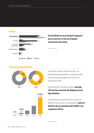 30 TRANSFORMACIÓN digital
Internet y dispositivos móviles
En Colombia, las redes sociales son la
segunda categoría de contenido más
utilizada por los colombianos, por encima
de los buscadores y navegadores e, incluso,
de los portales de noticias.
Fuente: Comscore
Si se segmenta por dispositivos, la categoría
de contenido en la que mayor tiempo se
invierte son las redes sociales.
El 67% de los usuarios ve videos online, y
el 34% sube videos hechos por ellos. El 58%
descarga música o contenido en audio. El 38%
lee blogs y el 35% comenta en ellos.
Fuente: Comscore
Fuente: Digilats de JWT
Principales categorias de contenido por visitantes únicos y % alcance
Interacción con los contenidos
 