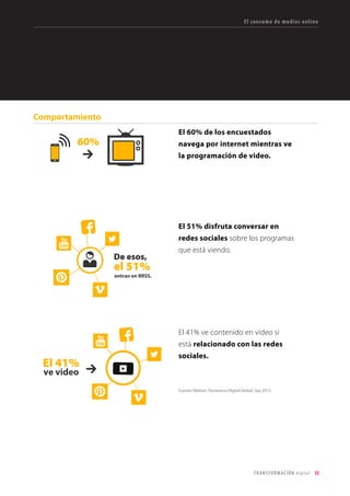 33TRANSFORMACIÓN digital
De la mano del crecimiento económico, la inversión en publicidad (tanto
tradicional como digital) ha aumentado mucho en la última década.
En 2015, la inversión en publicidad digital llegó a los 165,7 millones
de dólares, lo que representó un 11,4% del total invertido en publicidad
en Colombia, un incremento del 25% respecto a 2014.
La apuesta por la publicidad digital en Colombia se duplicará
en los próximos años, llegando a 286.5 millones de dólares.
Inversión en publicidad en Colombia, 2014-2019
Reparto de la torta
Previsiones de Crecimiento:
Colombia
Fuente: eMarketer
En millones de dólares
Datos de inversión publicitaria
 