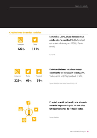 37TRANSFORMACIÓN digital
Fuente: Nielsen. Panorama Digital Global. Sep 2015
El consumo de medios online
El 60% de los encuestados
navega por internet mientras ve
la programación de video.
El 51% disfruta conversar en
redes sociales sobre los programas
que está viendo.
El 41% ve contenido en video si
está relacionado con las redes
sociales.
Comportamiento
 