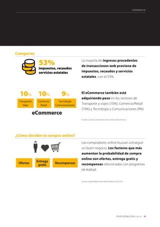 41TRANSFORMACIÓN digital
En América Latina, el uso de redes de un
año ha otro ha crecido el 104%. Resalta el
crecimiento de Instagram (123%) yTwitter
(111%)
En Colombia la red social con mayor
crecimiento fue Instagram con el 223%.
Twitter creció un 63% y Facebook el 58%.
El móvil se está volviendo una vía cada
vez más importante para los usuarios
latinoamericanos de redes sociales.
Crecimiento de redes sociales
Fuente: MB
Fuente: eMarketer.
Fuente: GlobalWeb Index Market Report Q3 2014 y MB
Las redes sociales
 