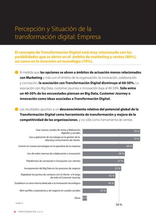 48 TRANSFORMACIÓN digital
Percepción y situación de la transformación digital: Empresa.
Demografía de la encuesta
El concepto de Transformación Digital
Implantación de proyectos en las empresas colombianas
Expectativas de Inversión
Percepción de Impacto de la Transformación Digital
Liderazgo y Capacitación
Percepción de los procesos en la organización
• Impacto en los procesos
• Gestión de Datos
• Herramientas de colaboración
Índice
 