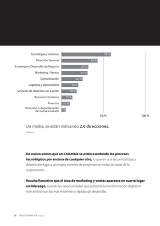 54 TRANSFORMACIÓN digital
Entre las razones por las que el 21% no aborda procesos de TD o los desconoce,
destacan:
• La falta de conocimiento o capacidades para abordarla (50%).
• No se entiende en qué consiste (45%)
En cuanto a la áreas en las que se realizarán proyectos, destacan los proyectos
tecnológicos por encima de cualquier otro, con un 74% de empresas
abordando estos procesos. Unos datos que apuntarían a que las empresas
colombianas se encuentran en la fase de consolidación tecnológica que les
permitirá abordar después el resto de áreas de la organización.
Gráfico 4
 
