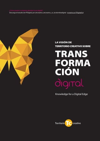 79TRANSFORMACIÓN digital
Nuestros servicios incluyen:
Con foco en el nuevo consumidor y su experiencia digital, los nuevos
modelos de negocio y la transformación interna de las organizaciones,
ayudamos a nuestros clientes a definir objetivos, desarrollar e implementar
sus planes estratégicos y de transformación digital.
Social CRM operativo: definición de procesos y operaciones para ATC
multicanal. Social CRM analítico: integración de datos digitales y sociales
de clientes con información transaccional. Construimos o evolucionamos
programas de fidelización hacia el contexto digital.
Definimos e implementamos estrategias de Inbound marketing para atraer
a los clientes de forma orgánica. Optimizamos los presupuestos de medios
utilizando nuevos formatos publicitarios. Construimos comunidades online
para generar vinculación y crear embajadores de marca.
Creamos y creemos en la publicidad real. Publicidad hecha para el nuevo
consumidor con mensajes y formatos innovadores, con carácter transmedia
y multiplataforma. Trabajamos para que nuestras marcas destaquen donde
estén sus consumidores.
Metodología, tecnología y análisis para estructurar, procesar y analizar datos
para la toma de decisiones. Monitorizamos e investigamos los medios online
para entender el viaje del consumidor y analizar la marca.
Ayudamos a extender la cultura digital y a incrementar la vinculación con
colaboradores, mediante formación, redes sociales internas, procedimientos de
trabajo colaborativo, comunicación interna y  proyectos de innovación abierta.
Pensamos la tecnología como usuarios. Creamos soluciones tecnológicas
para captar, estructurar y analizar datos y aplicaciones para usuarios,
integrando el diseño web y mobile.
Estrategia 
transformación digital.
Social CRM  fidelización.
Marketing de contenidos
 comunidades.
Creatividad 2.0.
Business Inteligence 
Research. 
Empresa 2.0. 
Desarrollo tecnológico.
 