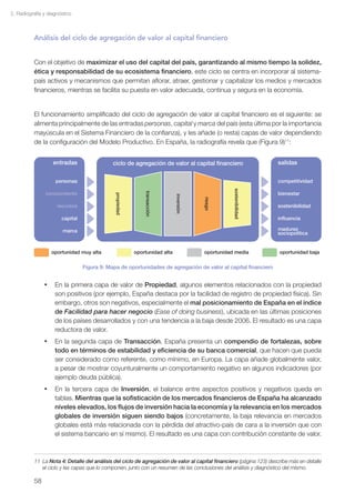 2. Radiografía y diagnóstico



          Análisis del ciclo de agregación de valor al capital financiero


          Con el objetivo de maximizar el uso del capital del país, garantizando al mismo tiempo la solidez,
          ética y responsabilidad de su ecosistema financiero, este ciclo se centra en incorporar al sistema-
          país activos y mecanismos que permitan aflorar, atraer, gestionar y capitalizar los medios y mercados
          financieros, mientras se facilita su puesta en valor adecuada, continua y segura en la economía.


          El funcionamiento simplificado del ciclo de agregación de valor al capital financiero es el siguiente: se
          alimenta principalmente de las entradas personas, capital y marca del país (esta última por la importancia
          mayúscula en el Sistema Financiero de la confianza), y les añade (o resta) capas de valor dependiendo
          de la configuración del Modelo Productivo. En España, la radiografía revela que (Figura 9)11:


                   entradas                  ciclo de agregación de valor al capital financiero                      salidas


                    personas                                                                                         competitividad




                                                                                                    sostenibilidad
                conocimiento                                                                                         bienestar
                                                              transacción
                                              propiedad




                                                                             inversión




                     recursos                                                            riesgo                      sostenibilidad

                       capital                                                                                       influencia

                        marca                                                                                        madurez
                                                                                                                     sociopolítica


                  oportunidad muy alta                    oportunidad alta               oportunidad media           oportunidad baja

                                 Figura 9: Mapa de oportunidades de agregación de valor al capital financiero


               •	 En la primera capa de valor de Propiedad, algunos elementos relacionados con la propiedad
                  son positivos (por ejemplo, España destaca por la facilidad de registro de propiedad física). Sin
                  embargo, otros son negativos, especialmente el mal posicionamiento de España en el índice
                  de Facilidad para hacer negocio (Ease of doing business), ubicada en las últimas posiciones
                  de los países desarrollados y con una tendencia a la baja desde 2006. El resultado es una capa
                  reductora de valor.
               •	 En la segunda capa de Transacción, España presenta un compendio de fortalezas, sobre
                  todo en términos de estabilidad y eficiencia de su banca comercial, que hacen que pueda
                  ser considerado como referente, como mínimo, en Europa. La capa añade globalmente valor,
                  a pesar de mostrar coyunturalmente un comportamiento negativo en algunos indicadores (por
                  ejemplo deuda pública).
               •	 En la tercera capa de Inversión, el balance entre aspectos positivos y negativos queda en
                  tablas. Mientras que la sofisticación de los mercados financieros de España ha alcanzado
                  niveles elevados, los flujos de inversión hacia la economía y la relevancia en los mercados
                  globales de inversión siguen siendo bajos (concretamente, la baja relevancia en mercados
                  globales está más relacionada con la pérdida del atractivo-país de cara a la inversión que con
                  el sistema bancario en sí mismo). El resultado es una capa con contribución constante de valor.



          11 La Nota 4: Detalle del análisis del ciclo de agregación de valor al capital financiero (página 123) describe más en detalle
             el ciclo y las capas que lo componen, junto con un resumen de las conclusiones del análisis y diagnóstico del mismo.

          58
 
