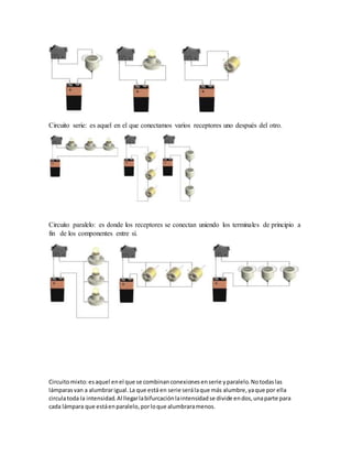 Circuito serie: es aquel en el que conectamos varios receptores uno después del otro.
Circuito paralelo: es donde los receptores se conectan uniendo los terminales de principio a
fin de los componentes entre sí.
Circuitomixto:esaquel enel que se combinanconexionesenserie yparalelo.Notodaslas
lámparasvan a alumbrarigual.La que está en serie serálaque más alumbre,yaque por ella
circulatoda la intensidad.Al llegarlabifurcaciónlaintensidadse divide endos,unaparte para
cada lámpara que estáenparalelo,porloque alumbraramenos.
 