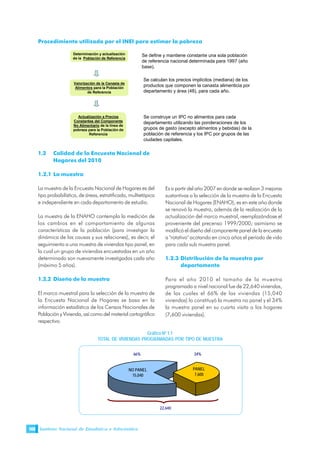 Instituto Nacional de Estadística e Informática148
Procedimiento utilizado por el INEI para estimar la pobreza
1.2 Calidad de la Encuesta Nacional de
Hogares del 2010
1.2.1 La muestra
La muestra de la Encuesta Nacional de Hogares es del
tipo probabilística, de áreas, estratificada, multietápica
e independiente en cada departamento de estudio.
La muestra de la ENAHO contempla la medición de
los cambios en el comportamiento de algunas
características de la población (para investigar la
dinámica de las causas y sus relaciones), es decir, el
seguimiento a una muestra de viviendas tipo panel, en
la cual un grupo de viviendas encuestadas en un año
determinado son nuevamente investigadas cada año
(máximo 5 años).
1.2.2 Diseño de la muestra
El marco muestral para la selección de la muestra de
la Encuesta Nacional de Hogares se basa en la
información estadística de los Censos Nacionales de
Población y Vivienda, así como del material cartográfico
respectivo.
Es a partir del año 2007 en donde se realizan 3 mejoras
sustantivas a la selección de la muestra de la Encuesta
Nacional de Hogares (ENAHO), es en este año donde
se renovó la muestra, además de la realización de la
actualización del marco muestral, reemplazándose el
proveniente del precenso 1999/2000; asimismo se
modificó el diseño del componente panel de la encuesta
a "rotativo" acotando en cinco años el período de vida
para cada sub muestra panel.
1.2.3 Distribución de la muestra por
departamento
Para el año 2010 el tamaño de la muestra
programada a nivel nacional fue de 22,640 viviendas,
de las cuales el 66% de las viviendas (15,040
viviendas) lo constituyó la muestra no panel y el 34%
la muestra panel en su cuarta visita a los hogares
(7,600 viviendas).
Determinación y actualización
de la Población de Referencia
Valorización de la Canasta de
Alimentos para la Población
de Referencia
Actualización a Precios
Constantes del Componente
No Alimentario de la línea de
pobreza para la Población de
Referencia
Se define y mantiene constante una sola población
de referencia nacional determinada para 1997 (año
base).
Se calculan los precios implícitos (mediana) de los
productos que componen la canasta alimenticia por
departamento y área (48), para cada año.
Se construye un IPC no alimentos para cada
departamento utilizando las ponderaciones de los
grupos de gasto (excepto alimentos y bebidas) de la
población de referencia y los IPC por grupos de las
ciudades capitales.
Gráfico Nº 1.1
TOTAL DE VIVIENDAS PROGRAMADAS POR TIPO DE MUESTRA
PANEL
7,600
NO PANEL
15,040
66% 34%
22,640
 