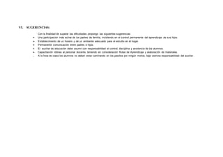 VI. SUGERENCIAS:
Con la finalidad de superar las dificultades propongo las siguientes sugerencias:
 Una participación más activa de los padres de familia, incidiendo en el control permanente del aprendizaje de sus hijos.
 Establecimiento de un horario y de un ambiente adecuado para el estudio en el hogar.
 Permanente comunicación entre padres e hijos.
 El auxiliar de educación debe asumir con responsabilidad el control, disciplina y asistencia de los alumnos.
 Capacitación idónea al personal docente, teniendo en consideración Rutas de Aprendizaje y elaboración de materiales.
. A la hora de clase los alumnos no deben estar caminando en los pasillos por ningún motivo, bajo estricta responsabilidad del auxiliar.
 