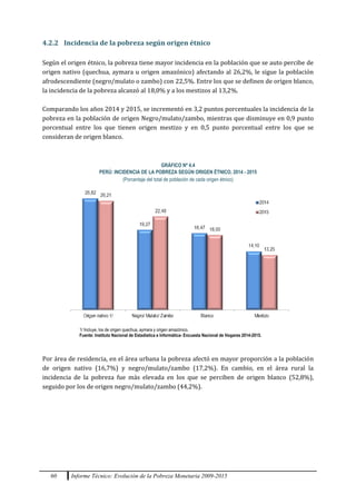 60 Informe Técnico: Evolución de la Pobreza Monetaria 2009-2015
4.2.2 Incidencia de la pobreza según origen étnico
Según el origen étnico, la pobreza tiene mayor incidencia en la población que se auto percibe de
origen nativo (quechua, aymara u origen amazónico) afectando al 26,2%, le sigue la población
afrodescendiente (negro/mulato o zambo) con 22,5%. Entre los que se definen de origen blanco,
la incidencia de la pobreza alcanzó al 18,0% y a los mestizos al 13,2%.
Comparando los años 2014 y 2015, se incrementó en 3,2 puntos porcentuales la incidencia de la
pobreza en la población de origen Negro/mulato/zambo, mientras que disminuye en 0,9 punto
porcentual entre los que tienen origen mestizo y en 0,5 punto porcentual entre los que se
consideran de origen blanco.
GRÁFICO Nº 4.4
PERÚ: INCIDENCIA DE LA POBREZA SEGÚN ORIGEN ÉTNICO, 2014 - 2015
(Porcentaje del total de población de cada origen étnico)
Por área de residencia, en el área urbana la pobreza afectó en mayor proporción a la población
de origen nativo (16,7%) y negro/mulato/zambo (17,2%). En cambio, en el área rural la
incidencia de la pobreza fue más elevada en los que se perciben de origen blanco (52,8%),
seguido por los de origen negro/mulato/zambo (44,2%).
1/ Incluye, los de origen quechua, aymara y origen amazónico.
Fuente: Instituto Nacional de Estadística e Informática- Encuesta Nacional de Hogares 2014-2015.
 