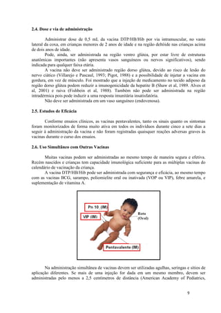 2.4. Dose e via de administração
Administrar dose de 0,5 mL da vacina DTP/HB/Hib por via intramuscular, no vasto
lateral da coxa, em crianças menores de 2 anos de idade e na região deltóide nas crianças acima
de dois anos de idade.
Pode, ainda, ser administrada na região ventro glútea, por estar livre de estruturas
anatômicas importantes (não apresenta vasos sanguíneos ou nervos significativos), sendo
indicada para qualquer faixa etária.
A vacina não deve ser administrado região dorso glútea, devido ao risco de lesão do
nervo ciático (Villarejo e Pascaul, 1993; Pigot, 1988) e a possibilidade de injetar a vacina em
gordura, em vez de músculo. Foi mostrado que a injeção de medicamento no tecido adiposo da
região dorso glútea podem reduzir a imunogenicidade da hepatite B (Shaw et al, 1989. Alves et
al, 2001) e raiva (Fishbein et al, 1988). Também não pode ser administrada na região
intradérmica pois pode induzir a uma resposta imunitária insatisfatória.
Não deve ser administrada em um vaso sanguíneo (endovenosa).
2.5. Estudos de Eficácia
Conforme ensaios clínicos, as vacinas pentavalentes, tanto os sinais quanto os sintomas
foram monitorizados de forma muito ativa em todos os indivíduos durante cinco a sete dias a
seguir à administração da vacina e não foram registradas quaisquer reações adversas graves às
vacinas durante o curso dos ensaios.
2.6. Uso Simultâneo com Outras Vacinas
Muitas vacinas podem ser administradas ao mesmo tempo de maneira segura e efetiva.
Recém nascidos e crianças tem capacidade imunológica suficiente para as múltiplas vacinas do
calendário de vacinação da criança.
A vacina DTP/HB/Hib pode ser administrada com segurança e eficácia, ao mesmo tempo
com as vacinas BCG, sarampo, poliomielite oral ou inativada (VOP ou VIP), febre amarela, e
suplementação de vitamina A.

Na administração simultânea de vacinas devem ser utilizadas agulhas, seringas e sítios de
aplicação diferentes. Se mais de uma injeção for dada em um mesmo membro, devem ser
administradas pelo menos a 2,5 centímetros de distância (American Academy of Pediatrics,

9

 