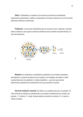 10
Dato: La Estadística, en general, es la ciencia que trata de la recopilación,
organización presentación, análisis e interpretación de datos numéricos con el fin de tomar
decisiones efectivas y pertinentes.
Población:, rama de las matemáticas que se ocupa de reunir, organizar y analizar
datos numéricos y que ayuda a resolver problemas como el diseño de experimentos y la
toma de decisiones.
9.
Muestra: En estadística un estadístico (muestral) es una medida cuantitativa,
derivada de un conjunto de datos de una muestra, con el objetivo de estimar o inferir
características de una población o modelo estadístico. , que sirve para estimar
determinado parámetro de la distribución de la que procede la muestra.
Nivel de medición nominal: Se refiere a la cualidad más que a la cantidad. Un
nivel nominal de medición es simplemente una cuestión de diferenciar por nombre, por
ejemplo, 1 = hombre, 2 = mujer. Aunque estamos usando los números 1 y 2, estos no
indican cantidad.
 